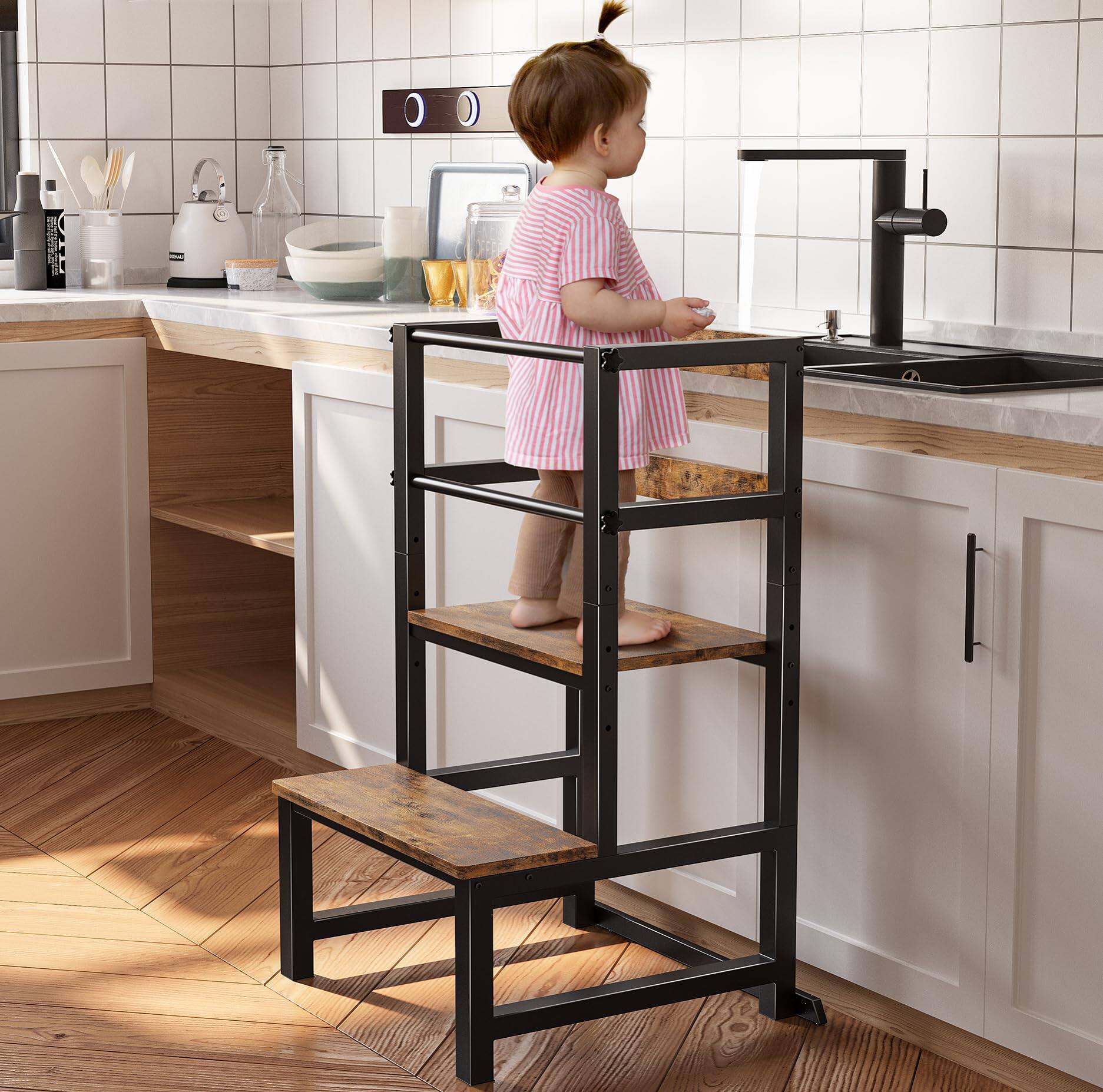 JETRANSPORT - Kitchen Step Stool For Height Adjustable Tower With Safety Rail Steel And Helper Learning Kids' - Wood