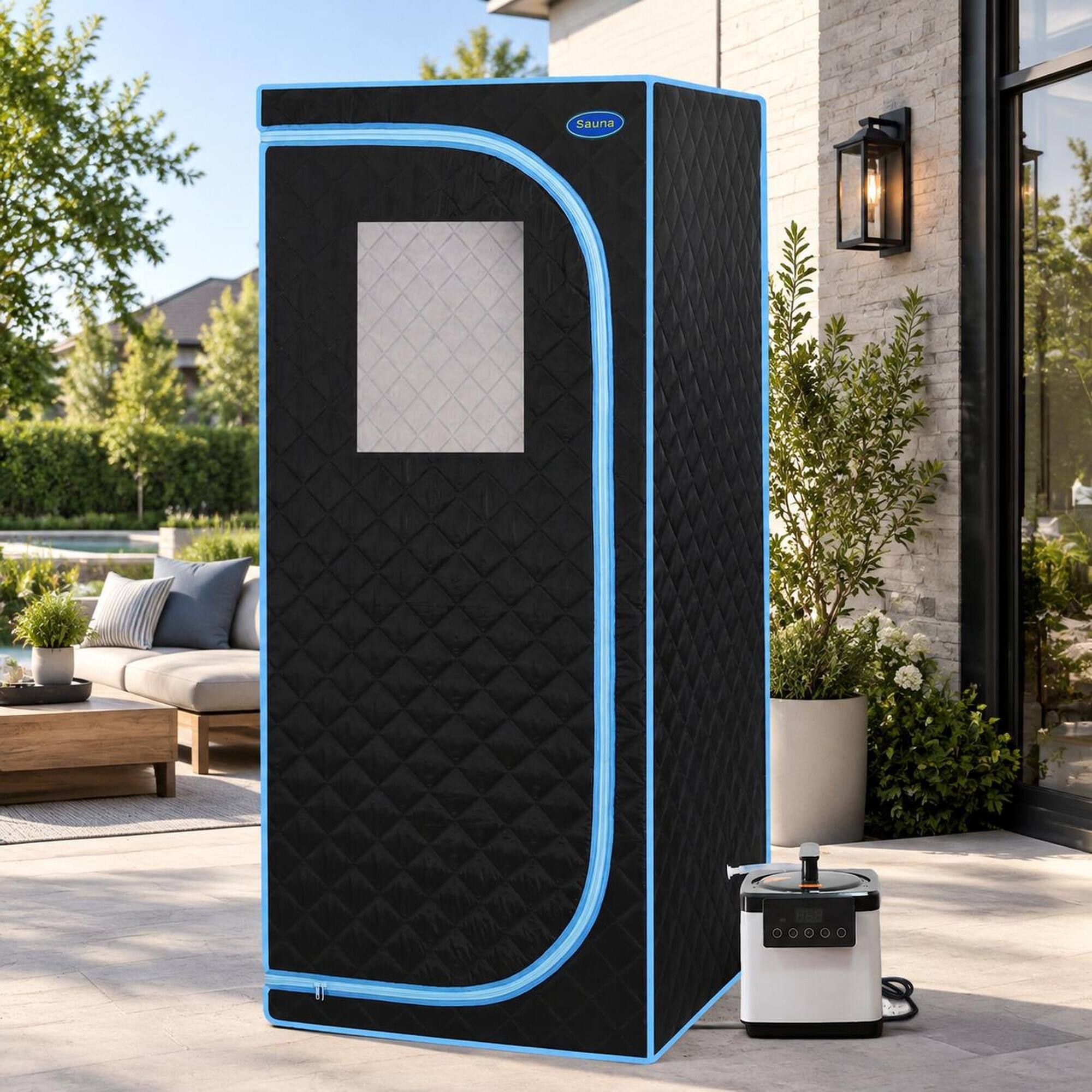 Angle. RYHNUYNE - Full Body Portable Steam Sauna Tent, 31.5 x 31.5 x 68.9 in, Stainless Steel Frame, 2.6 L Steam Generator, Foldable - Black.