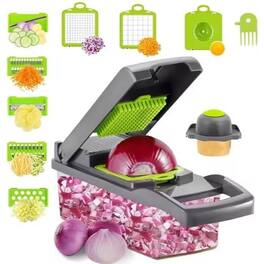 PARKER SLATER - 15-in-1 Vegetable Chopper and Slicer, Manual Food Dicer with Container, Stainless Steel Blades, Kitchen Gadget - Gray And Green