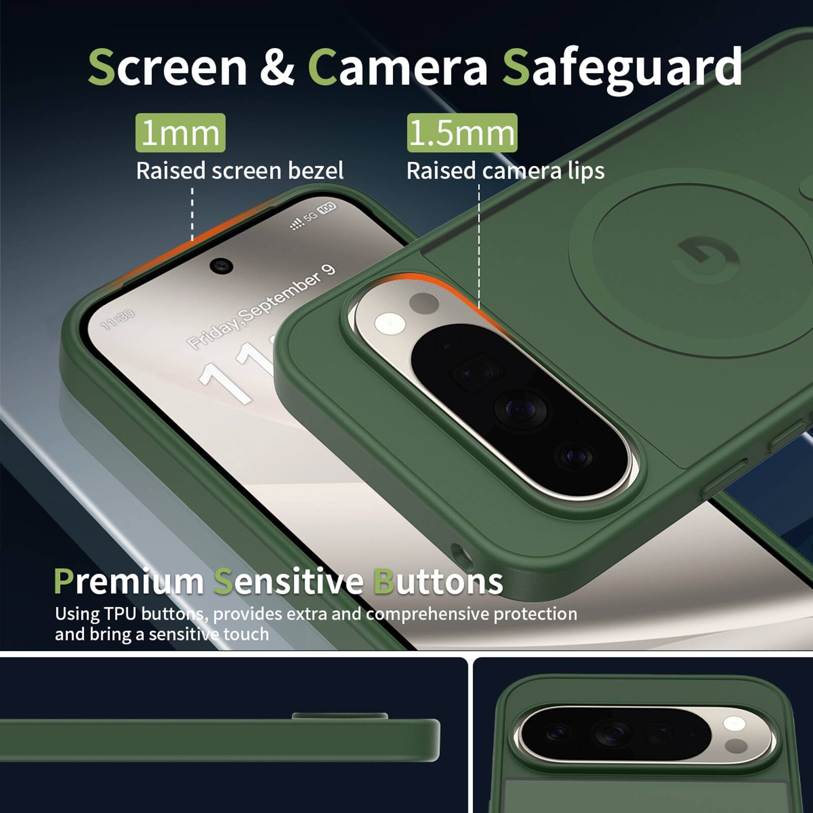 Screen & Camera Safeguard  
1mm Raised screen bezel  
1.5mm Raised camera lips  

Premium Sensitive Buttons  
Using TPU buttons, provides extra and comprehensive protection and bring a sensitive touch