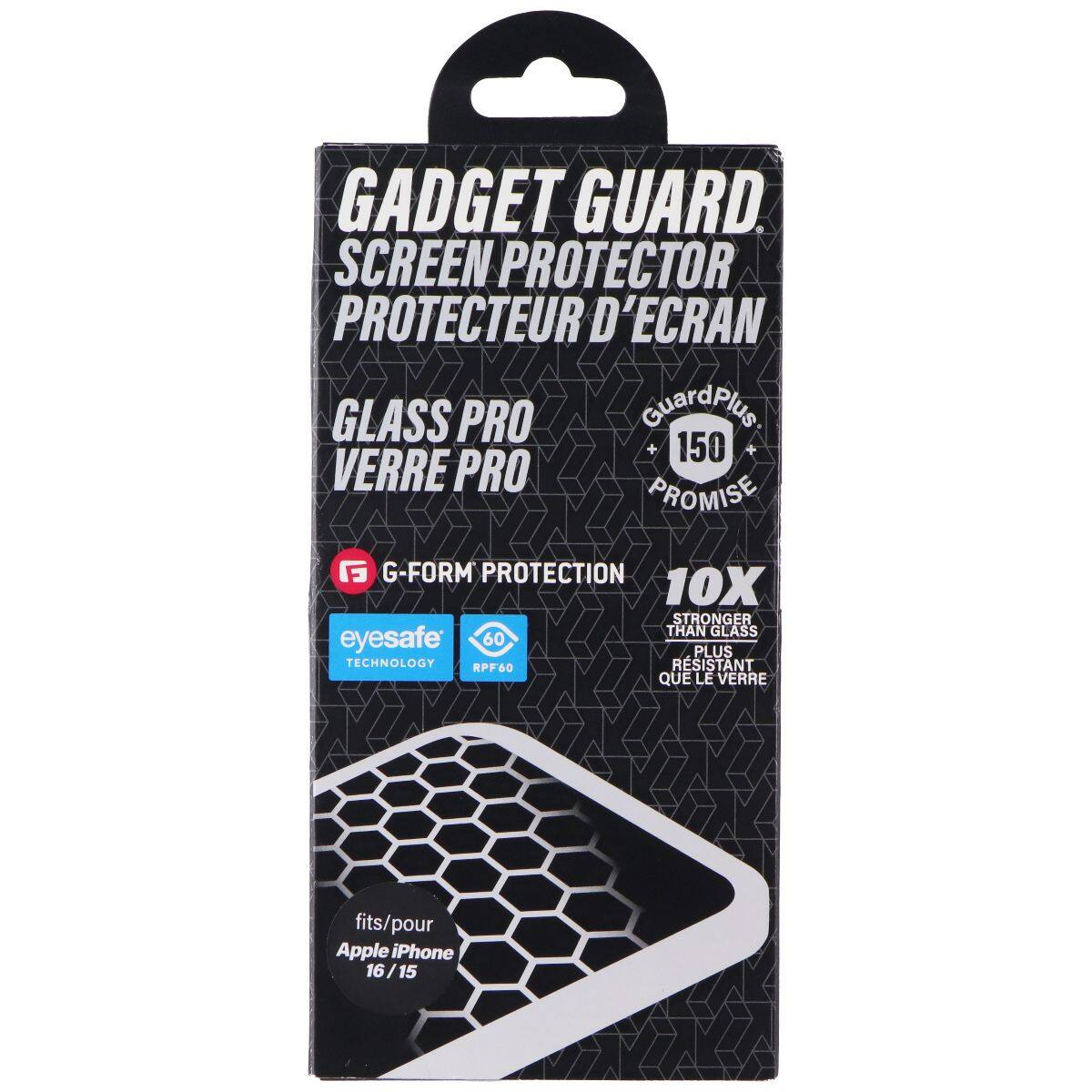 GADGET GUARD. SCREEN PROTECTOR PROTECTEUR D'ECRAN GLASS PRO GuardPlus 150 VERRE PRO PROMISE F G-FORM PROTECTION 10X STRONGER THAN GLASS eyesafe 60 PLUS TECHNOLOGY RESISTANT RPF40 QUE LE VERRE fits/pour Apple iPhone 16 16/15 / 15