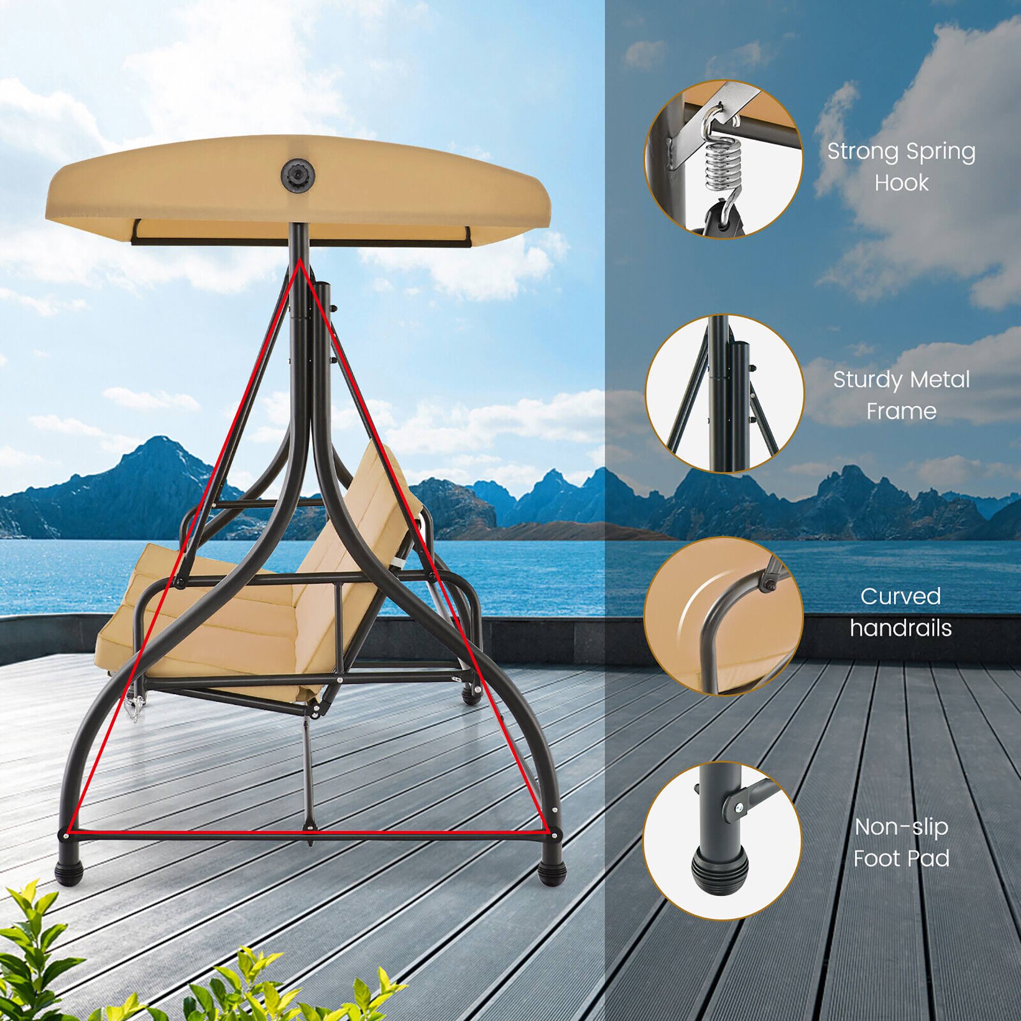 Alt View 7. Gymax - Gymax 3-Seat Outdoor Converting Patio Swing Glider Adjustable Canopy Porch Swing Beige - Beige.