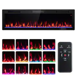 Costway - 60" Linear Electric Fireplace 1500W Recessed Wall-Mounted with Multi-Color Flame - Black