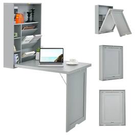 Gymax - Wall Mounted Computer Convertible Desk Floating Desk w/ Storage Bookcases Grey - Gray