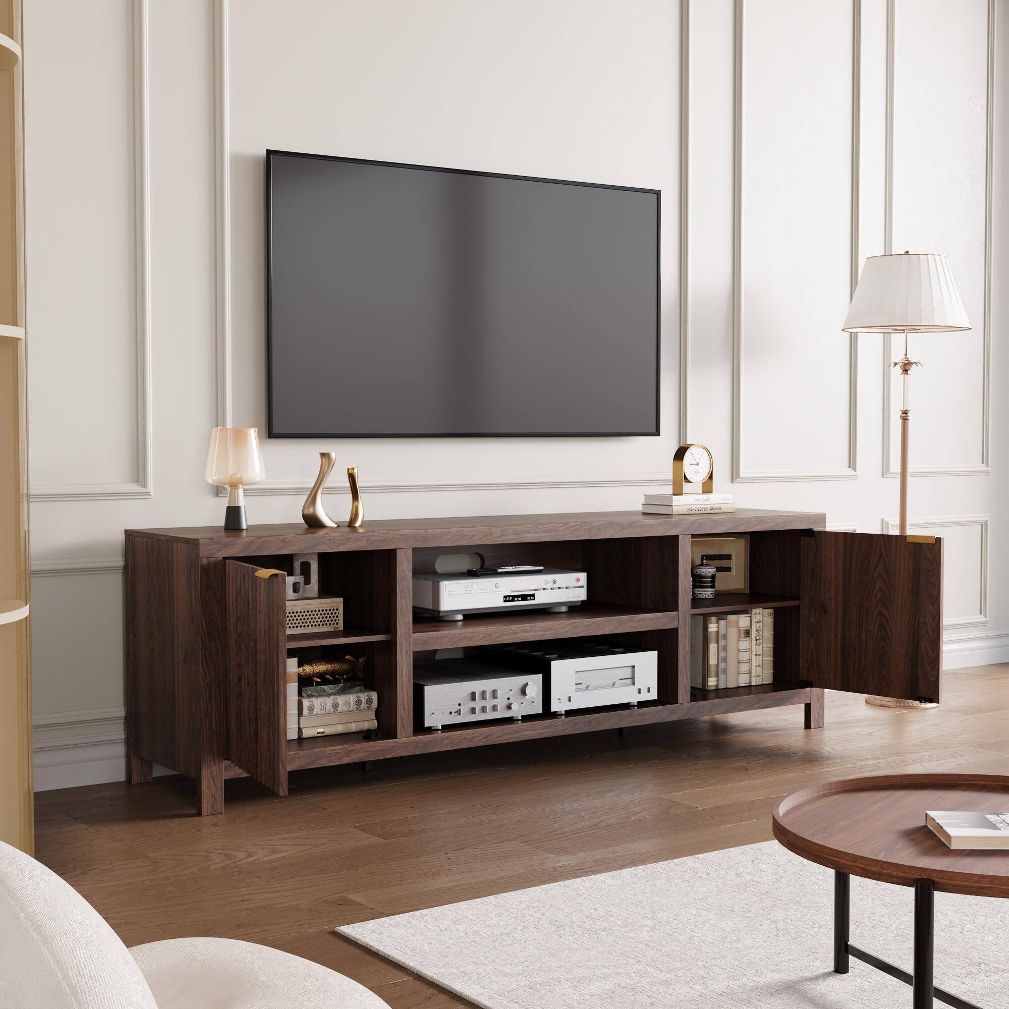 Alt View 1. Qeetex - 70" Fluted TV Stand for 80 Inch TV, Modern Wooden Media Console with Storage, Gold Handles & Fluted Doors - Walnut.