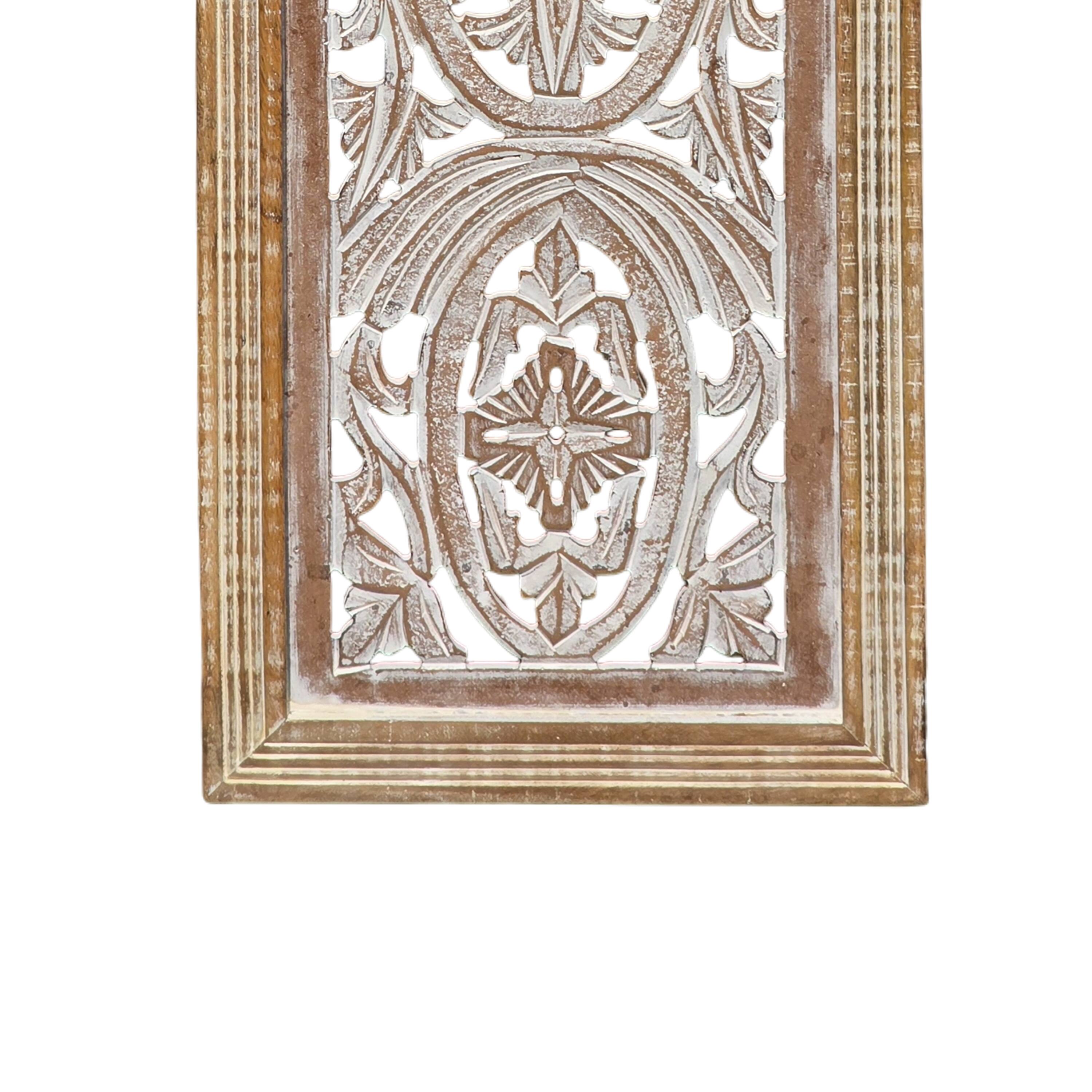 Back. Manhattan Lane - Rectangular Mango Wood Wall Panel Hand Crafted With Intricate Carving - White and Brown.