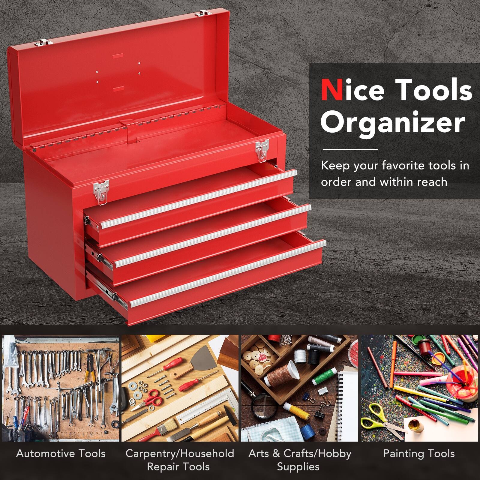 Nice Tools Organizer
Keep your favorite tools in order and within reach
Automotive Tools
Carpentry/Household Repair Tools
Arts & Crafts/Hobby Supplies
Painting Tools