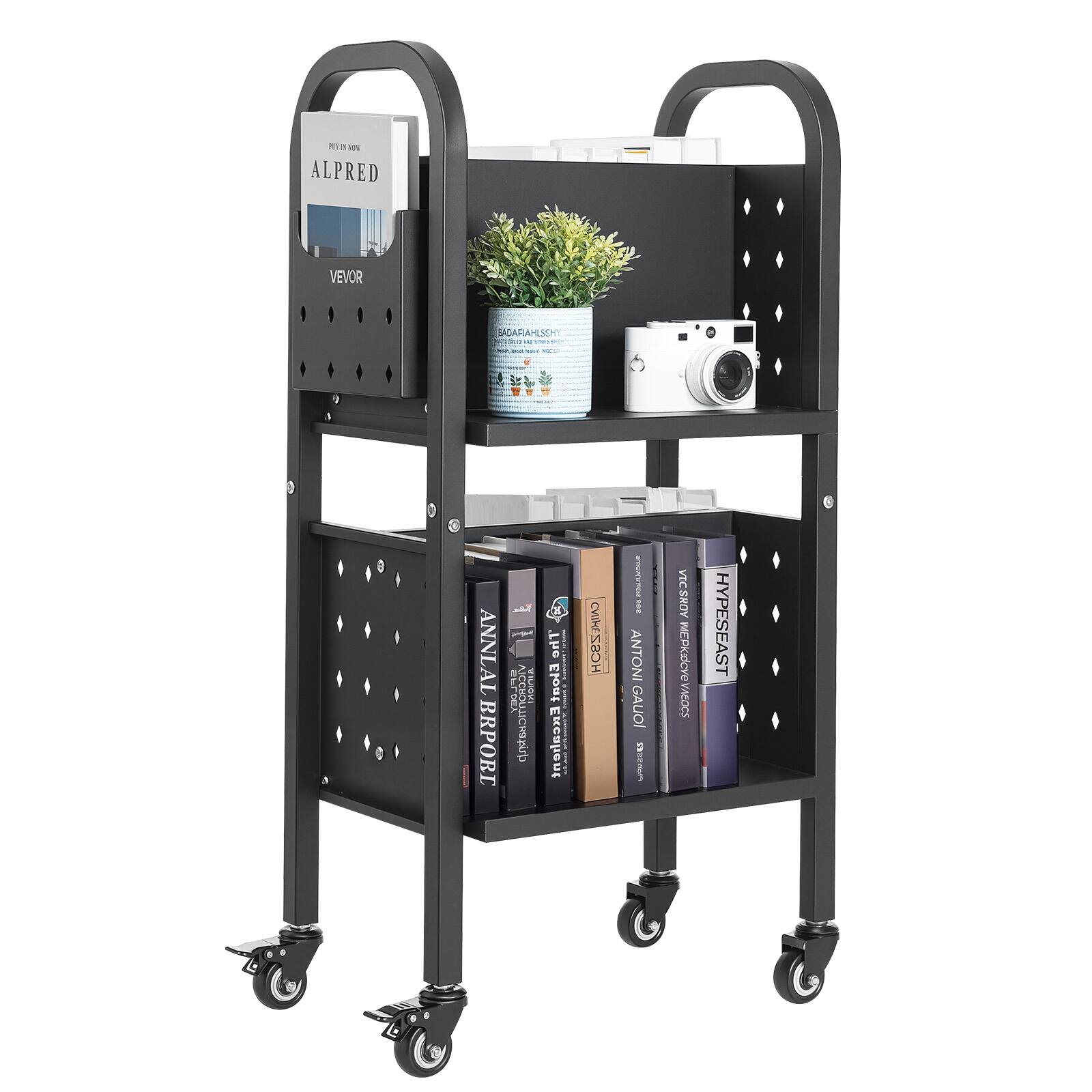 VEVOR - Rolling Library Book Cart,150 lbs Capacity, 17.7x13.0x34.6Inch,Double Sided L-Shaped Shelves with 2-Inch Lockable Wheels - Black