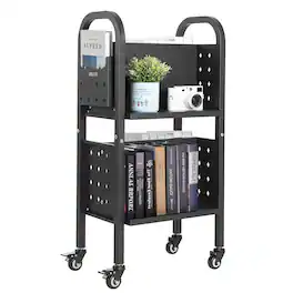 VEVOR - Rolling Library Book Cart,150 lbs Capacity, 17.7x13.0x34.6Inch,Double Sided L-Shaped Shelves with 2-Inch Lockable Wheels - Black