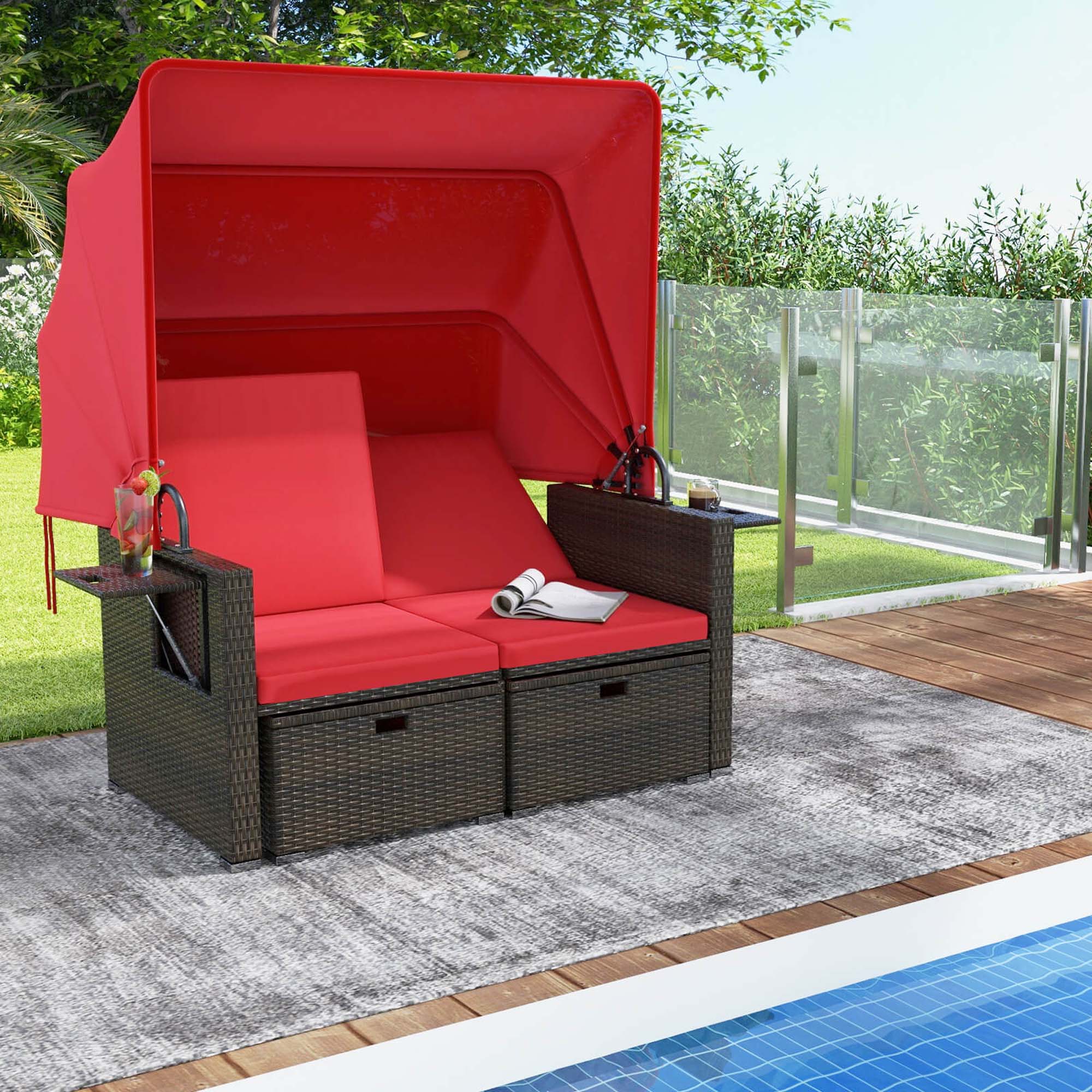 Alt View 1. Costway - Outdoor Patio Rattan Daybed with Retractable Canopy & Adjustable Backrests - Red + Mix Brown.