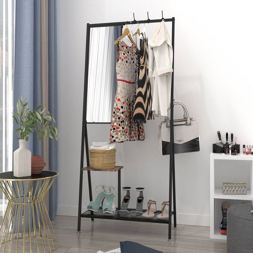 Front. Loheer - Loheer Multifunctional Hall Tree Coat Rack with Mirror 73x32x15 Inches - Black and Brown.