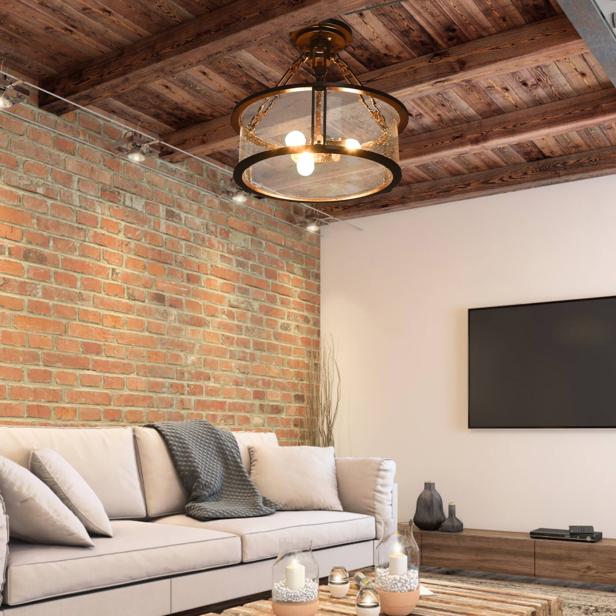 Alt View 1. Costway - Costway Semi Flush Mount Ceiling Light 3-Light Industrial Bubble Glass Pendant Lamp - Brown.