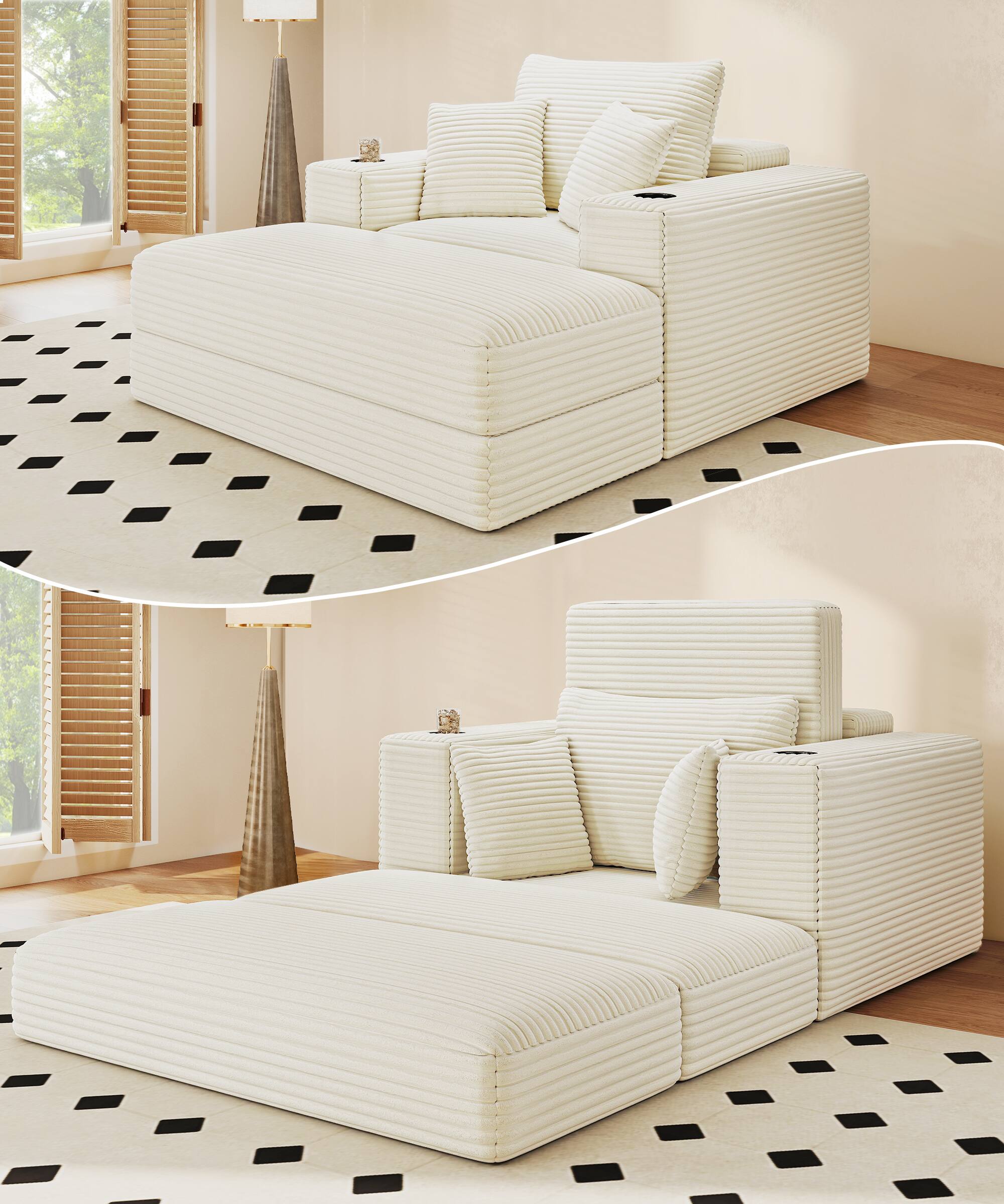 Angle. GRANDJOY - 62" 3‑in‑1 Corduroy Chaise Lounge Chair, Convertible Sleeper Sofa Bed & Recliner for Living Room - Beige.