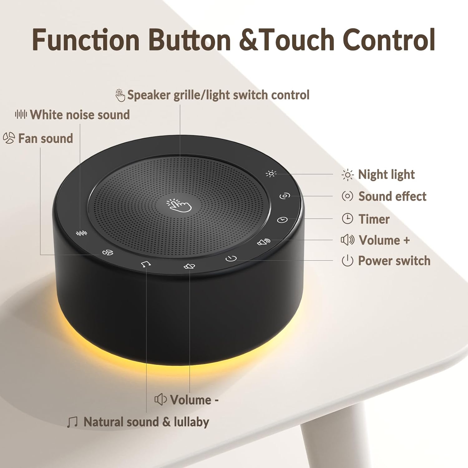 Function Button & Touch Control

- Speaker grille/light switch control
- White noise sound
- Fan sound
- Night light
- Sound effect
- Timer
- Volume +
- Power switch
- Volume -
- Natural sound & lullaby