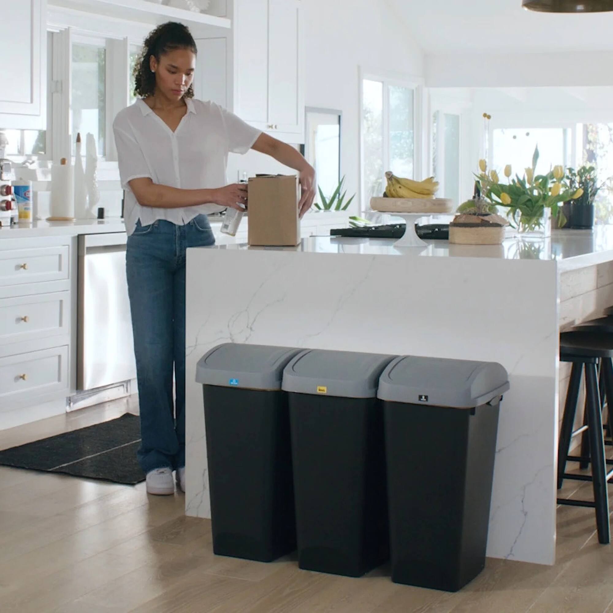 Alt View 7. Glad - Glad Link & Sort 3-Piece Waste and Recycling Bin with Lid Set, 36 Gallon, Black - BLACK/GREY LID.