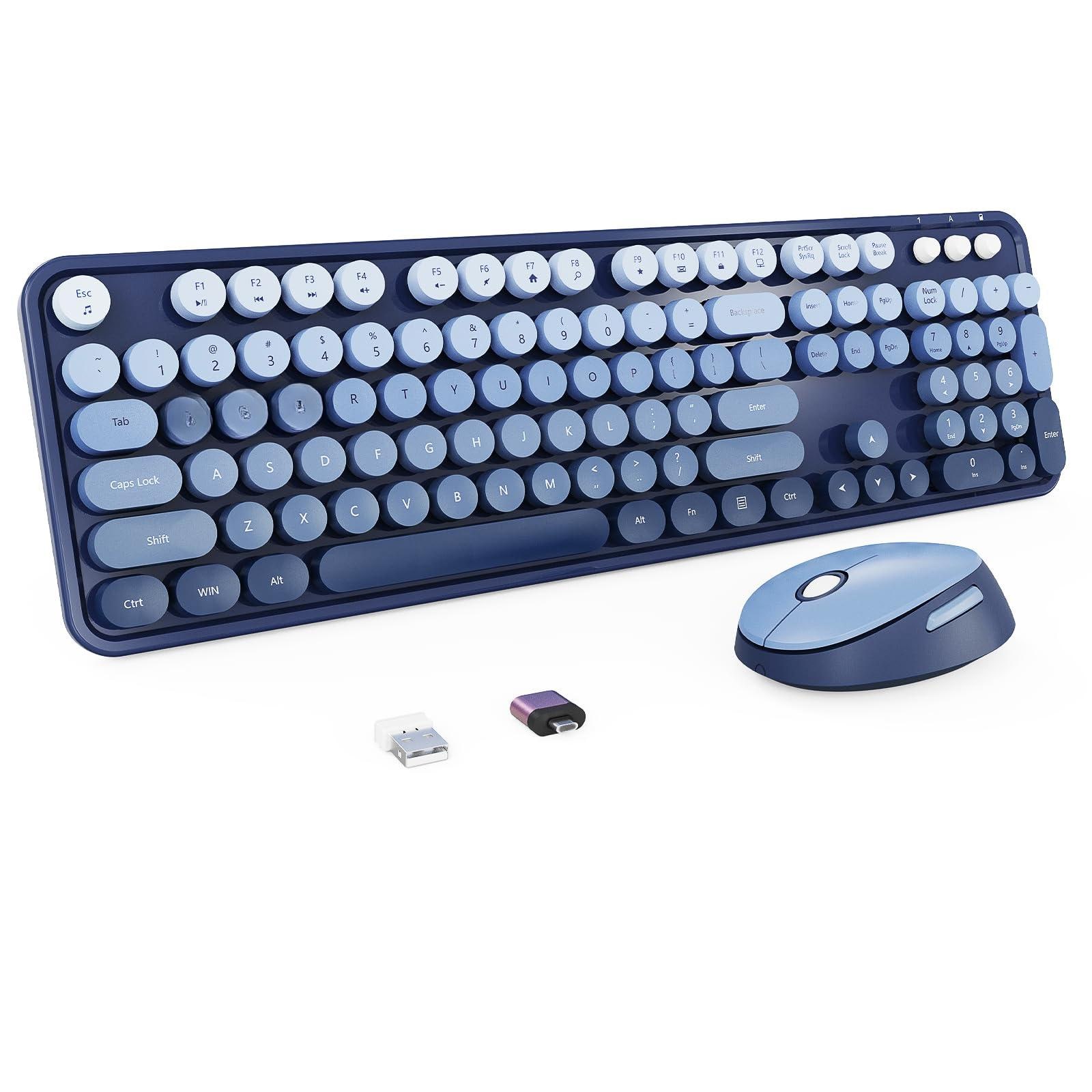 PO3TICJUNKI3 - Wireless And Mouse Full-size Typewriter With Retro Round Keycaps Design Compatible Windows Ideal For Home O - Twilight Blue