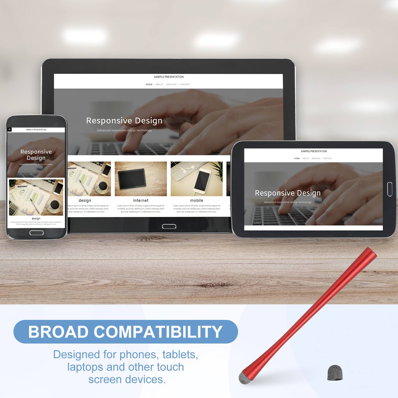 SAMPLE PRESENTATION

Responsive Design
Advanced responsive design technology

BROAD COMPATIBILITY
Designed for phones, tablets, laptops and other touch screen devices.