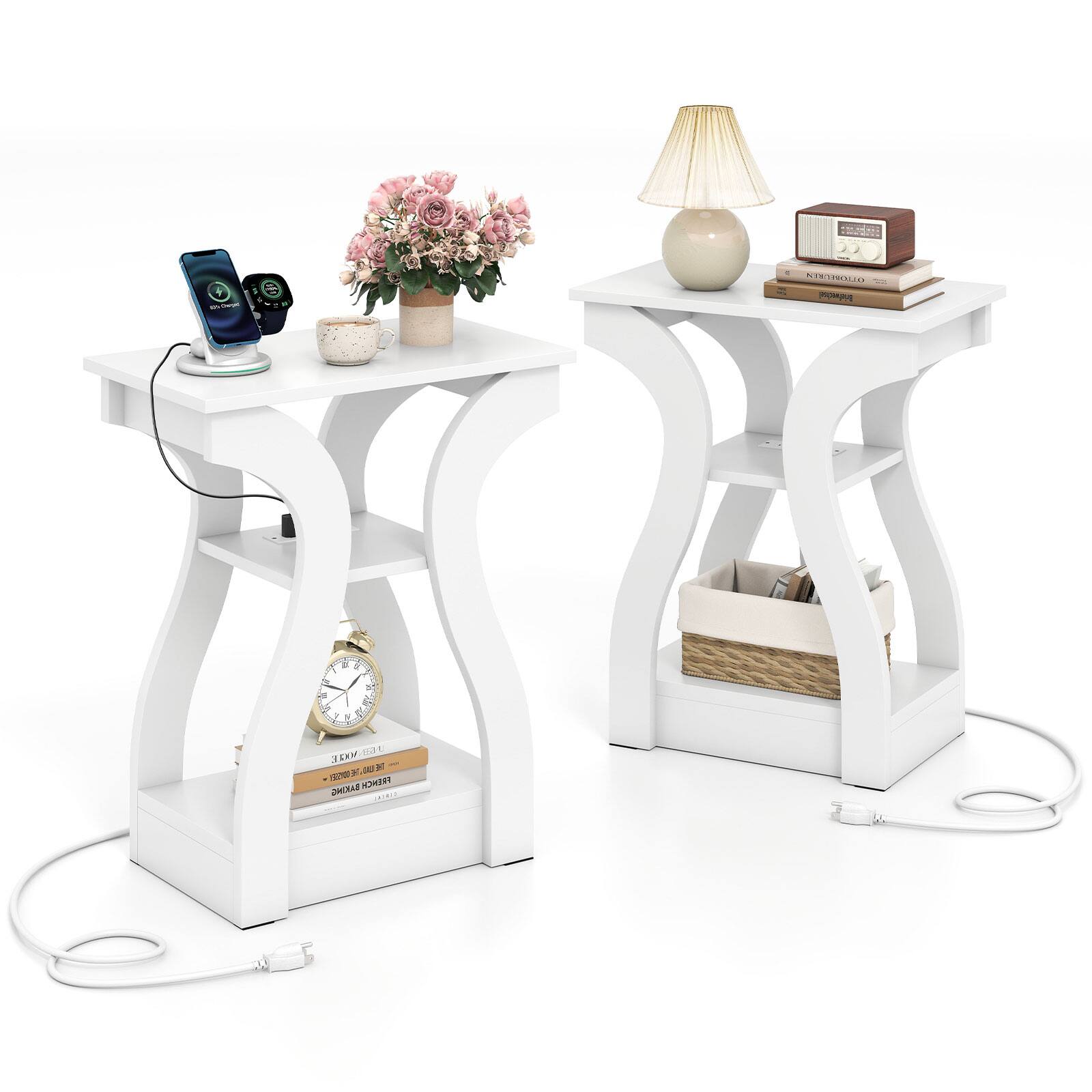 Gymax - End Tables w/Charging Station Set of 2 3-Tier Side Tables w/USB Ports & Outlets - White