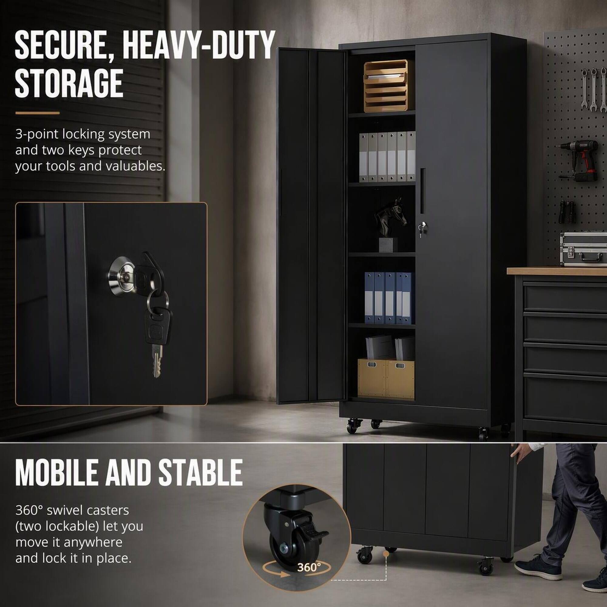 SECURE, HEAVY-DUTY STORAGE  
3-point locking system and two keys protect your tools and valuables.  

MOBILE AND STABLE  
360° swivel casters (two lockable) let you move it anywhere and lock it in place.