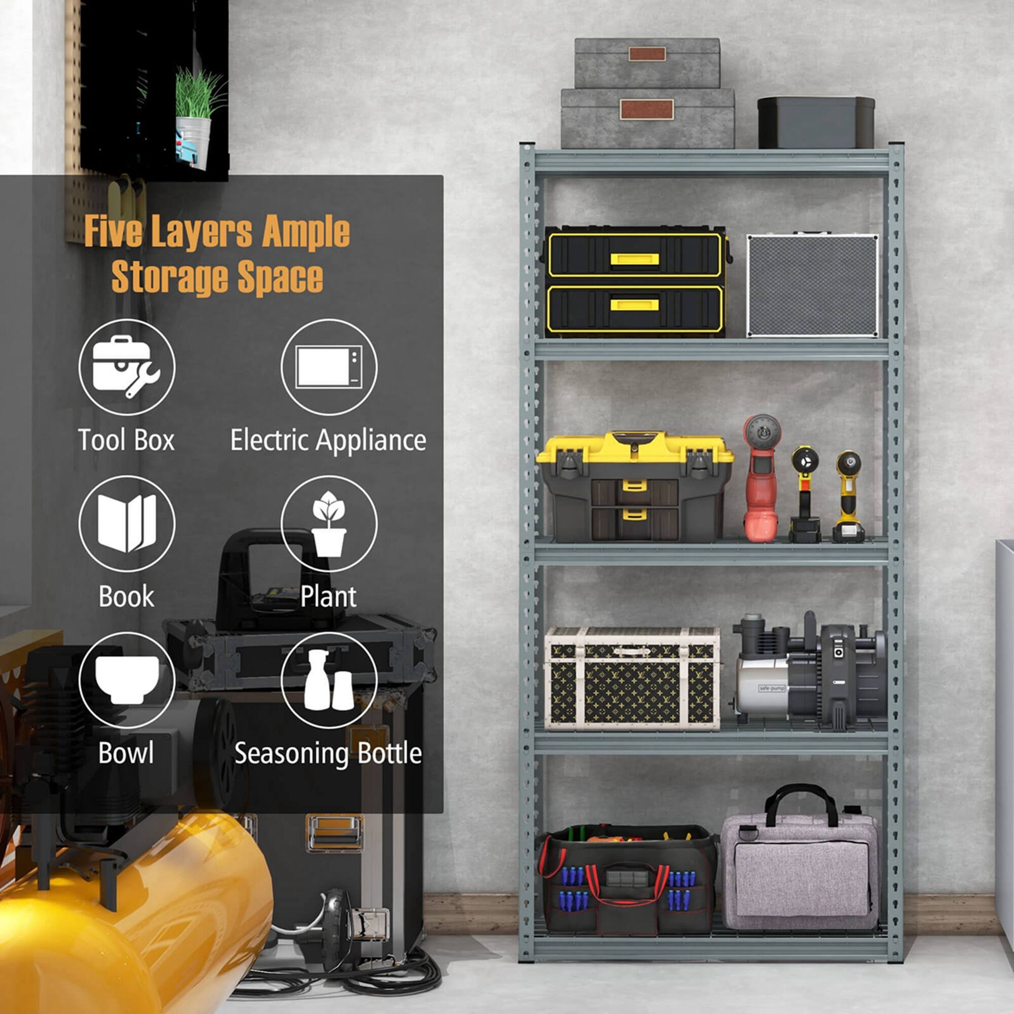 Five Layers Ample Storage Space

Tool Box
Electric Appliance
Book
Plant
Bowl
Seasoning Bottle