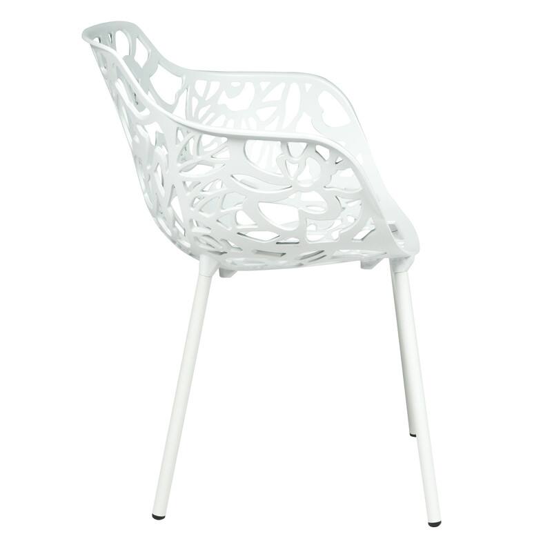 Back. LeisureMod - Devon Stackable Aluminum Dining Chair with Floral Cutout Design Side Chair for Indoor Outdoor - White.
