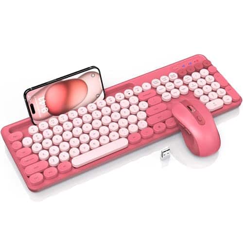 Reds Spade - And Mouse Combo Retro Round Keycaps Cute Full size Typewriter With Phone Holder Sleep Mode Click Soft 2 Cordl - Pink