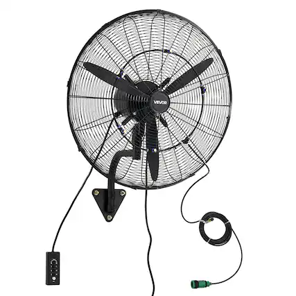 Front. VEVOR - Wall Mount Fan, 24 in Wall Mounted Hanging Fan with Oscillating & Mist, IP44-rated, 3-Speed, Powerful Air Reach - Black.