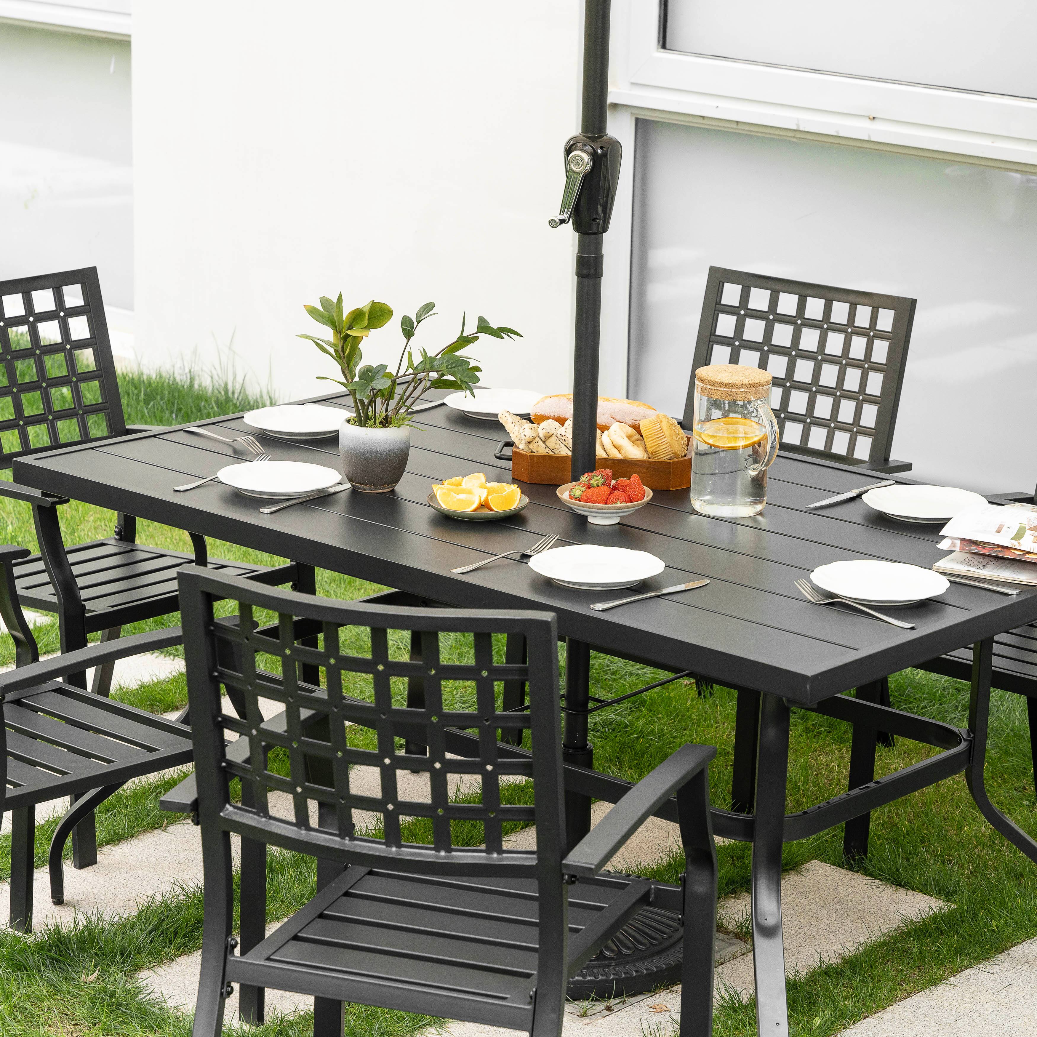 Angle. Nuu Garden - Outdoor 7-Piece Powder-coated Iron Dining Set, 6 Chairs and Rectangle Dining Table with 1.57'' Umbrella Hole - Black.