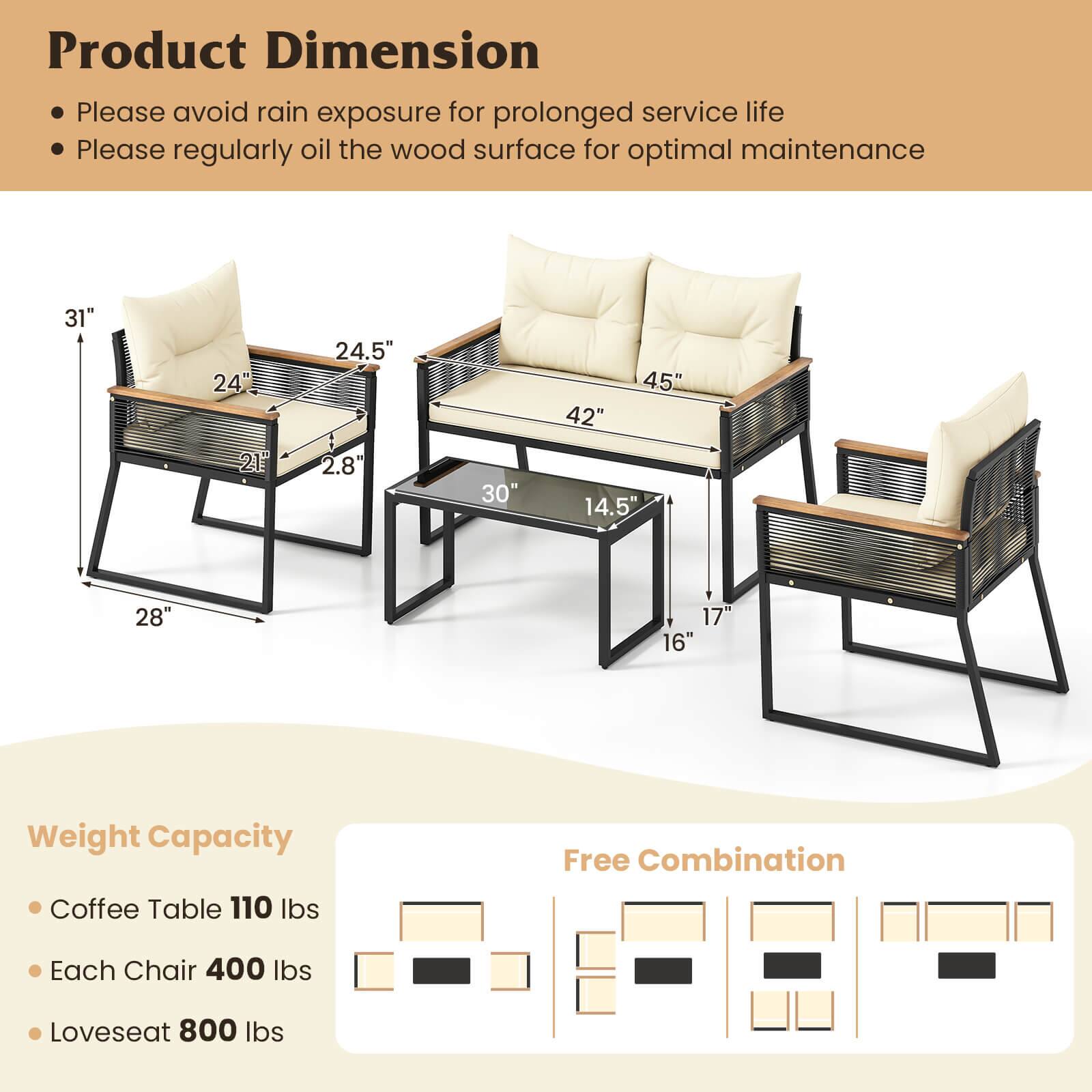 Product Dimensions:

* 31"
* 24"
* 24.5"
* 42"
* 45"
* 21"
* 2.8"
* 30"
* 14.5"
* 28"
* 17"
* 16"

Weight Capacity:

* Coffee Table: 110 lbs
* Free Combination: Each Chair: 400 lbs
* Loveseat: 800 lbs