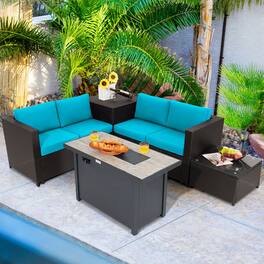 Gymax - 5PCS Patio Rattan Furniture Set Fire Pit Table w/ Storage Cushion - Turquoise
