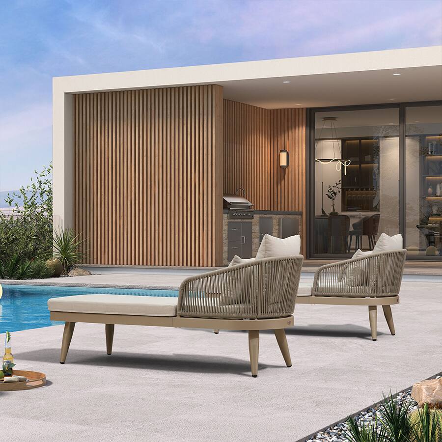 Alt View 1. PURPLE LEAF - Outdoor Chaise Lounge Thick Cushion Aluminum Frame Patio Lounge Chair with Pillow & Lumbar Support Wicker Armrests - Champagne.