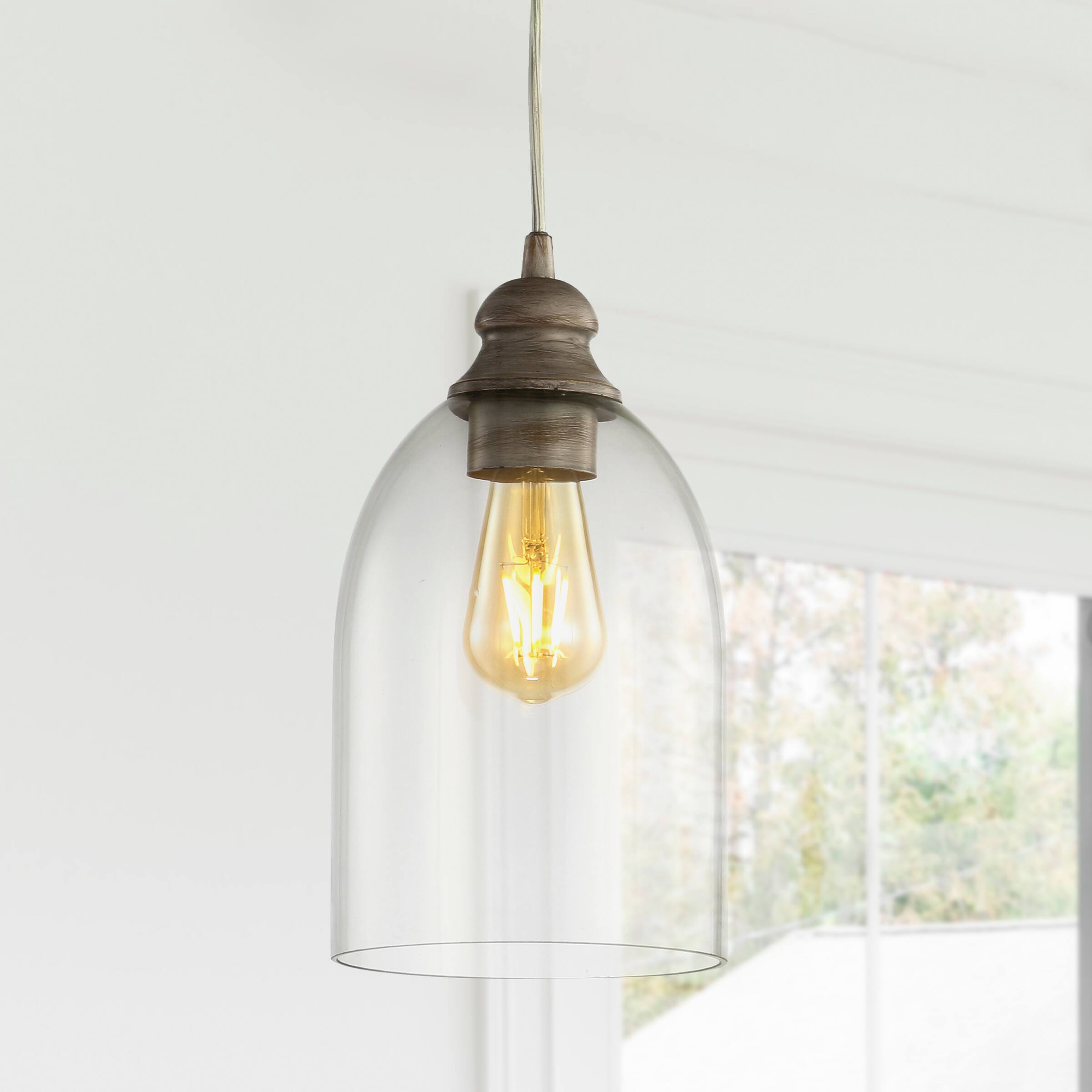 Alt View 1. Jonathan Y - Fontaine 6.25" Adjustable Greige Glass LED Pendant, Grey/Clear - Gray.