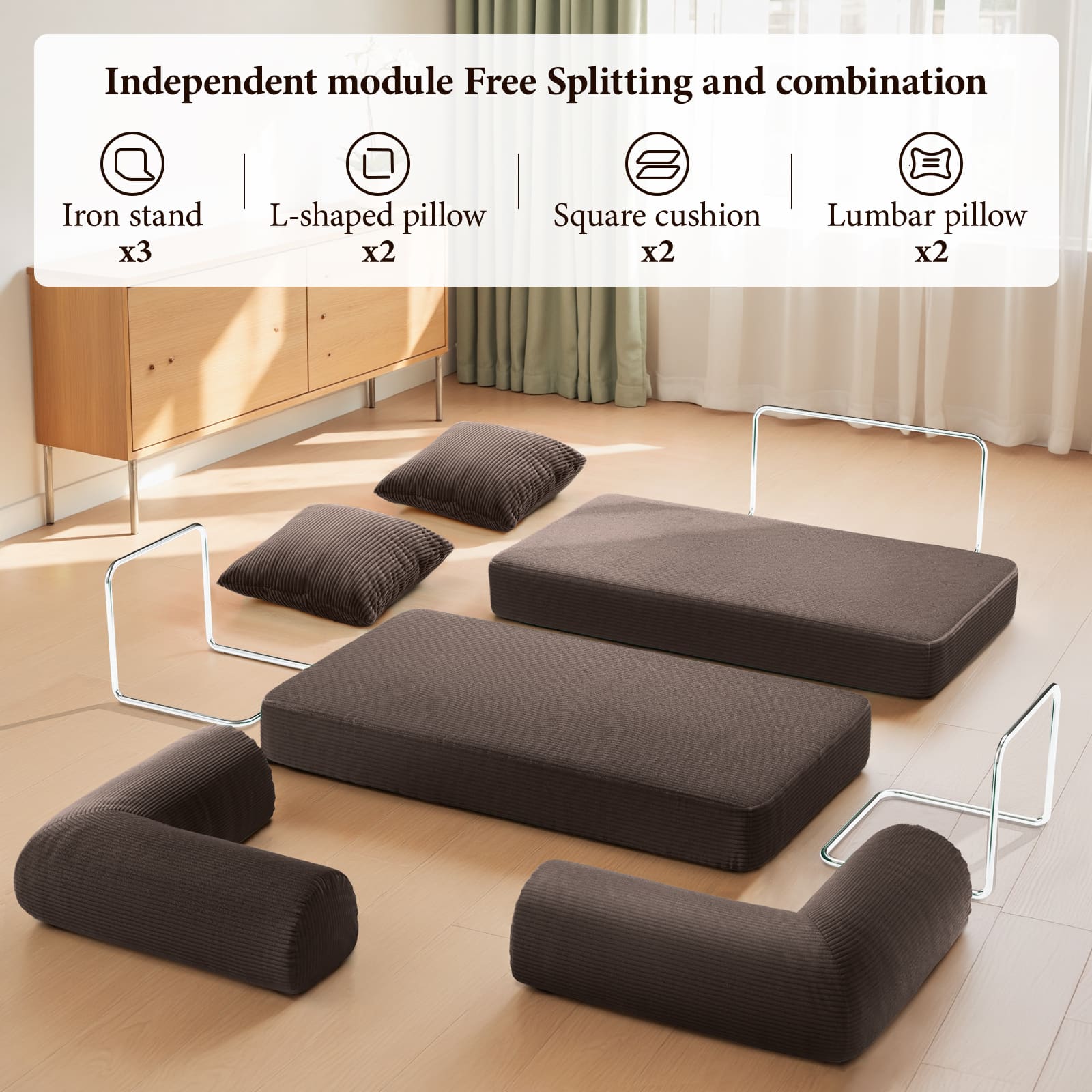 Independent module Free Splitting and combination
Iron stand x3
L-shaped pillow x2
Square cushion x2
Lumbar pillow x2