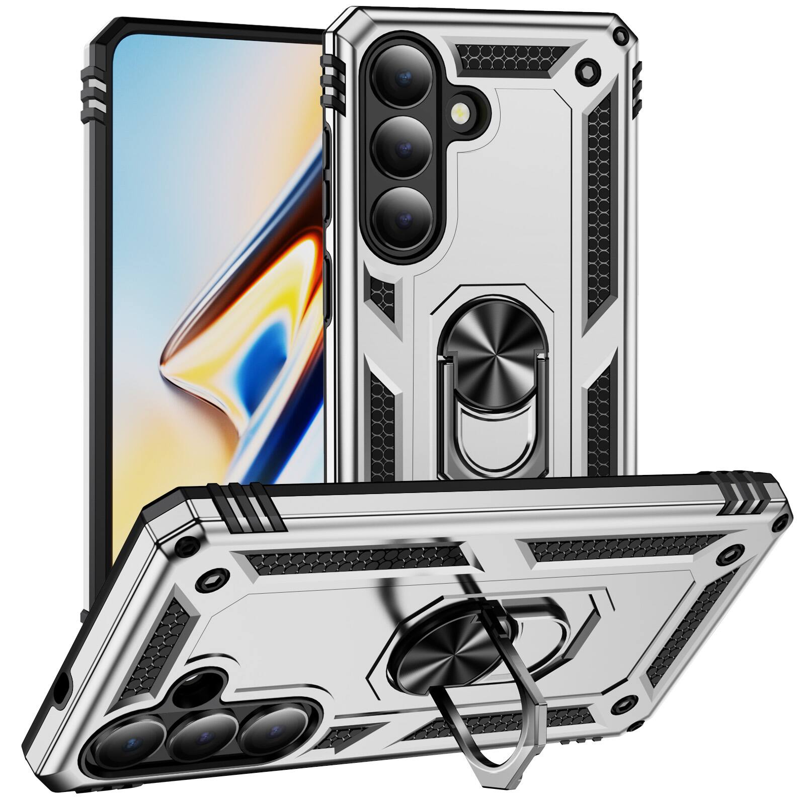 Front. Dteck - Rotating Ring Kickstand Holder Case for Samsung Galaxy A17 5G, Magnetic Car Mount Hard PC TPU Armor Back Cover - Silver.