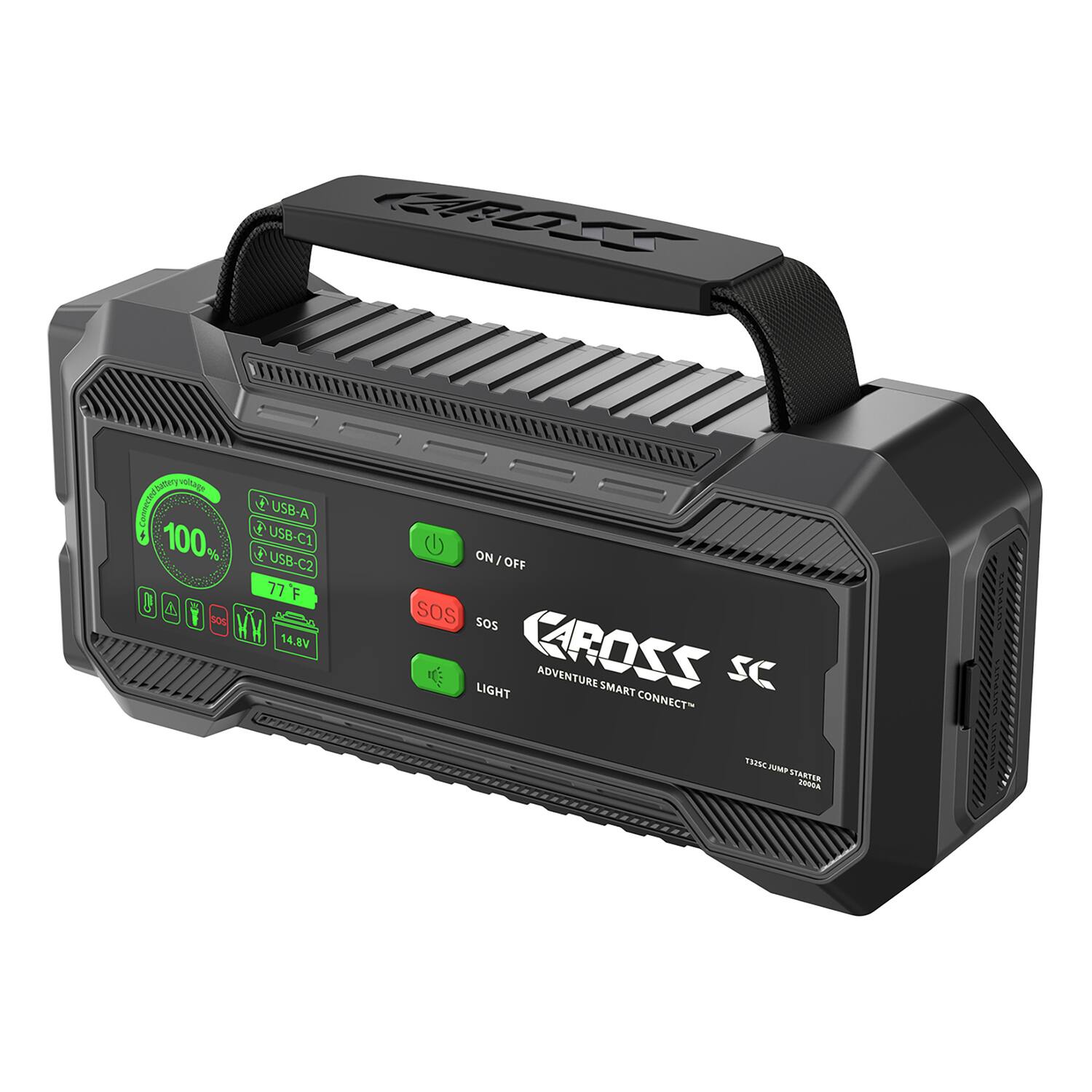 Ounny viltags Comment 0 P USB-A 100% USB-C1 2 USB-C2 77F A 1 so0 WW 14.8V ON/OFF SOS SOS LIGHT CAROSS ADVENTURE SMART CONNECT TRISC - STARTER iA snD