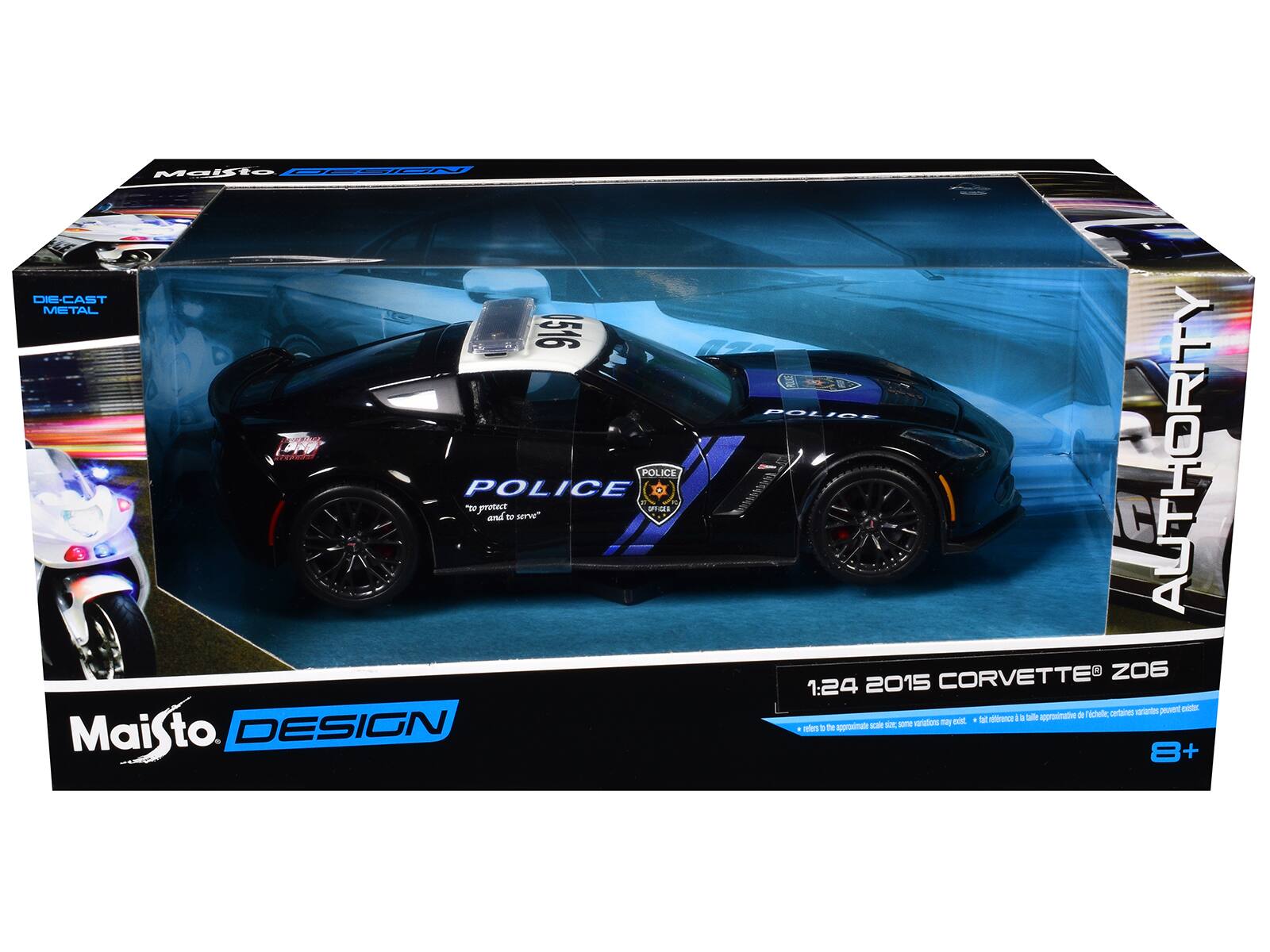 Maisto DESIGN  
DIE-CAST METAL  
POLICE AUTHORITY  
1:24 2015 CORVETTE Z06  
"to protect and to serve"  
8+