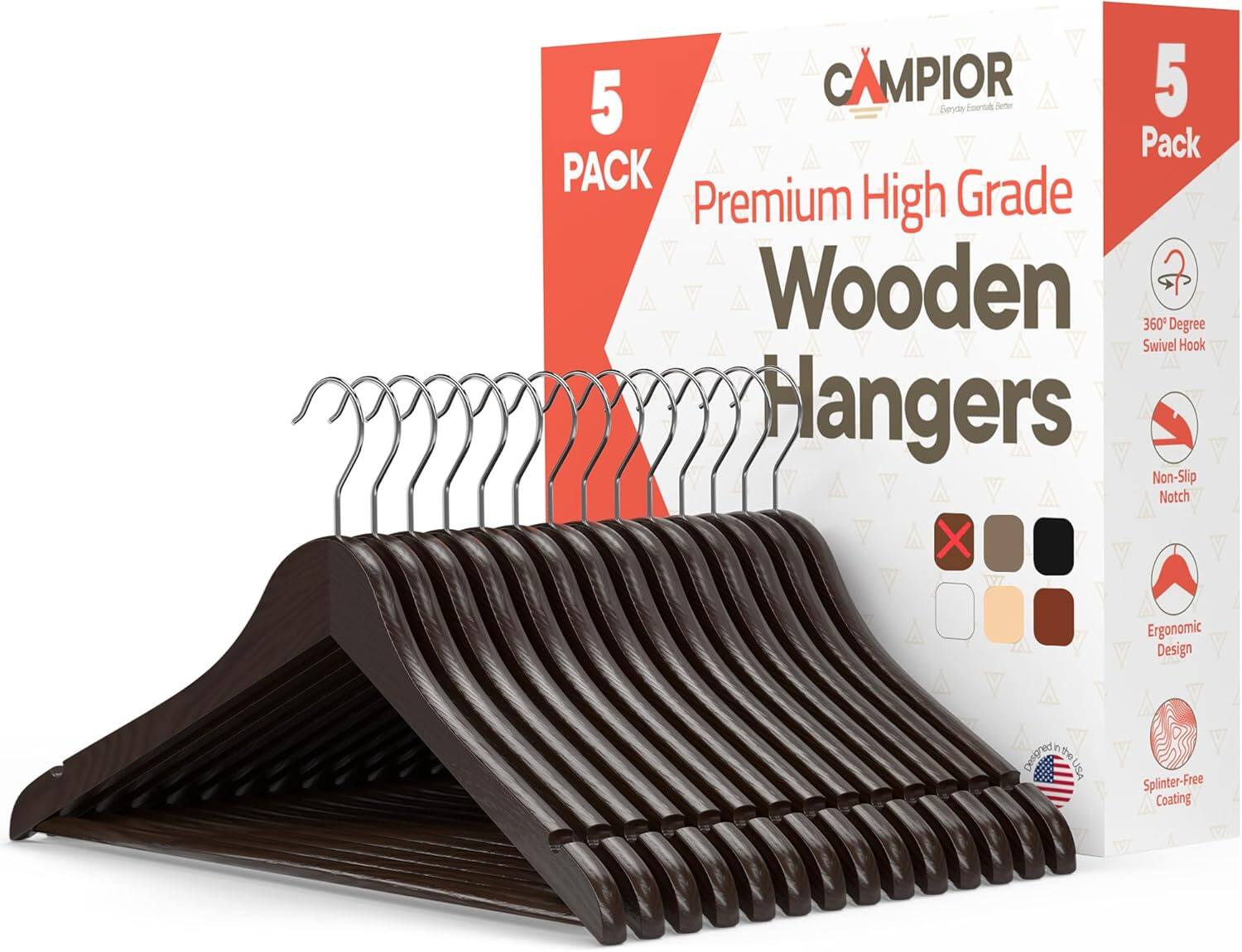 5 Pack CAMPIOR Premium High Grade Wooden Hangers 360 Degree Swivel Hook Non-Slip Notch X Ergonomic Design Splinter-Free Coating
