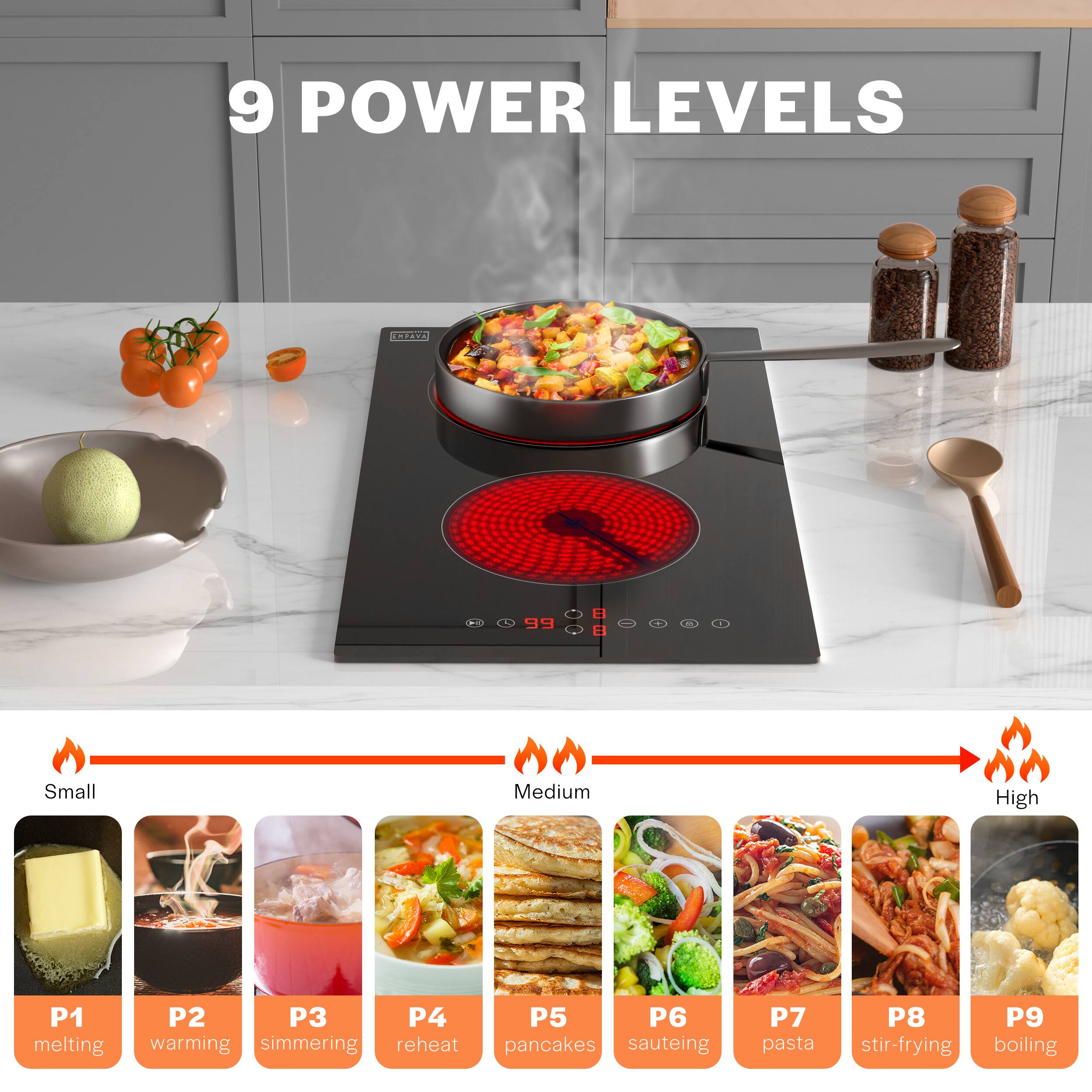9 POWER LEVELS

Small
P1 melting
P2 warming
P3 simmering
P4 reheat

Medium
P5 pancakes
P6 sauteing
P7 pasta
P8 stir-frying

High
P9 boiling
