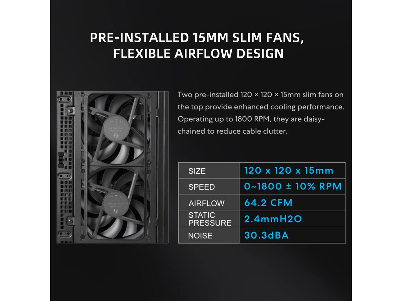PRE-INSTALLED 15MM SLIM FANS, FLEXIBLE AIRFLOW DESIGN

Two pre-installed 120 x 120 x 15mm slim fans on the top provide enhanced cooling performance. Operating up to 1800 RPM, they are daisy-chained to reduce cable clutter.

SIZE
120 x 120 x 15mm

SPEED
0~1800 ± 10% RPM

AIRFLOW
64.2 CFM

STATIC PRESSURE
2.4mmH2O

NOISE
30.3dBA