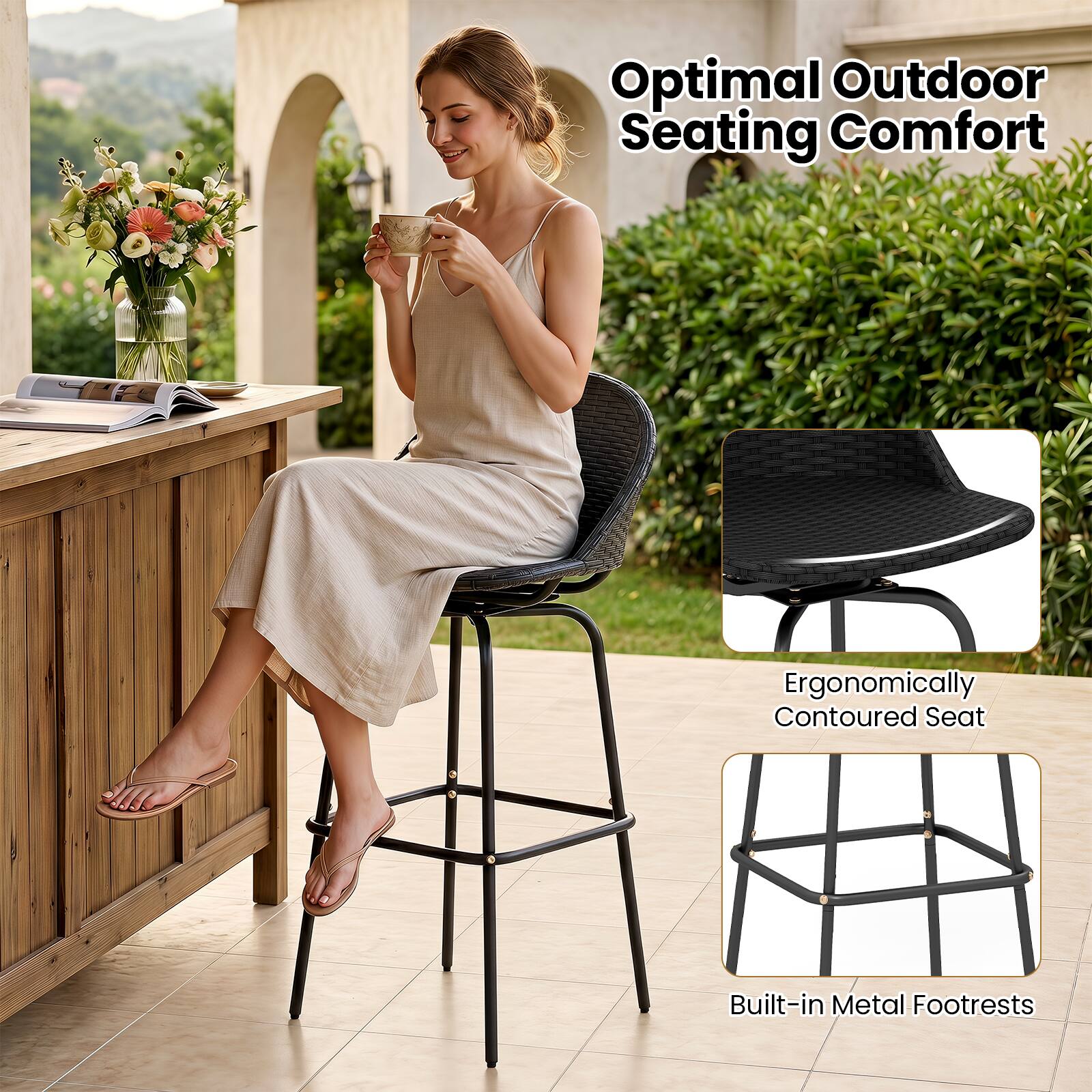 Optimal Outdoor Seating Comfort  
Ergonomically Contoured Seat  
Built-in Metal Footrests
