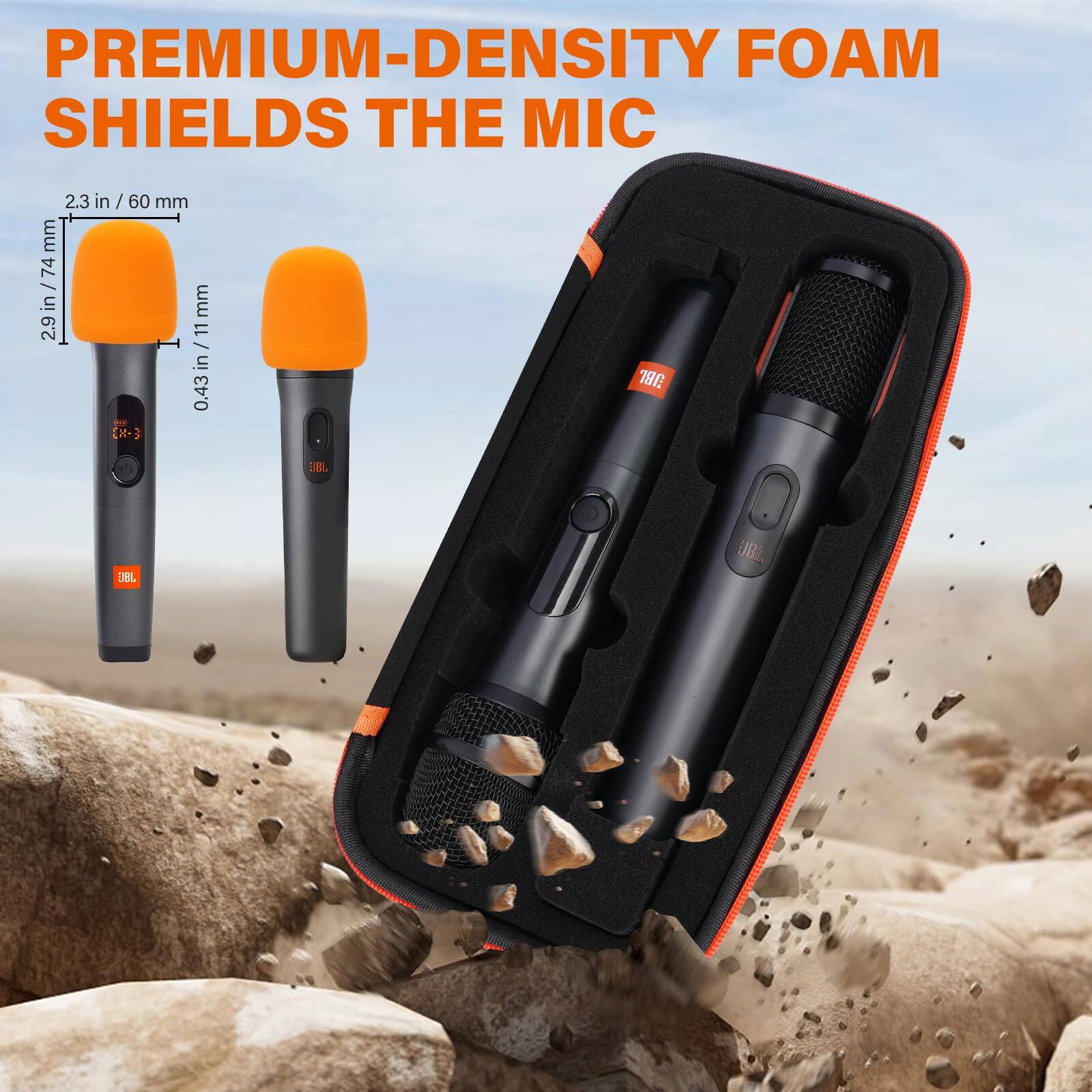 PREMIUM-DENSITY FOAM SHIELDS THE MIC

2.3 in / 60 mm  
2.9 in / 74 mm  
0.43 in / 11 mm