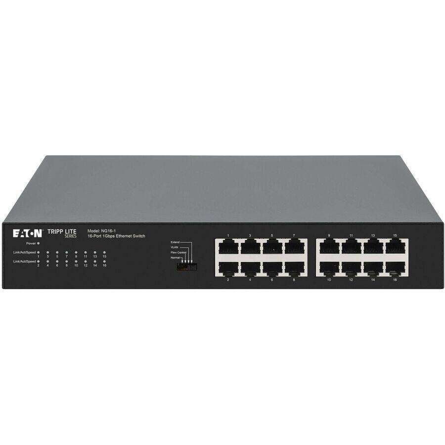 E-T-N: TRIPP LITE SERIES  
Model: NG16-1  
16-Port 1Gbps Ethernet Switch  

Power  
Link/Act/Speed  
1 2 3 4 5 6 7 8 9 10 11 12 13 14 15 16  

VLAN  
Channel  
Frame Corrupted  
Remote  

Link/Act/Speed  
1 2 3 4 5 6 7 8 9 10 11 12 13 14 15 16