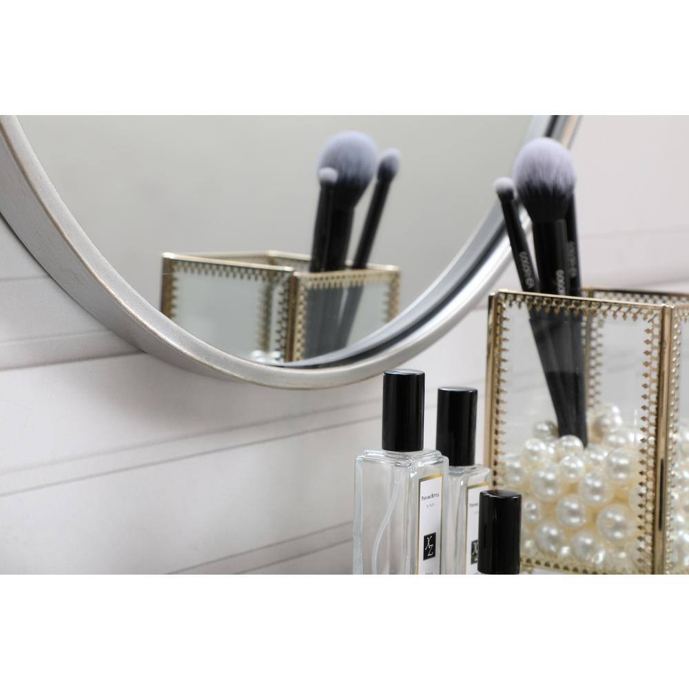 Left. Elegant Decor - Metal frame round mirror with decorative hook 18 inch in silver - Silver.