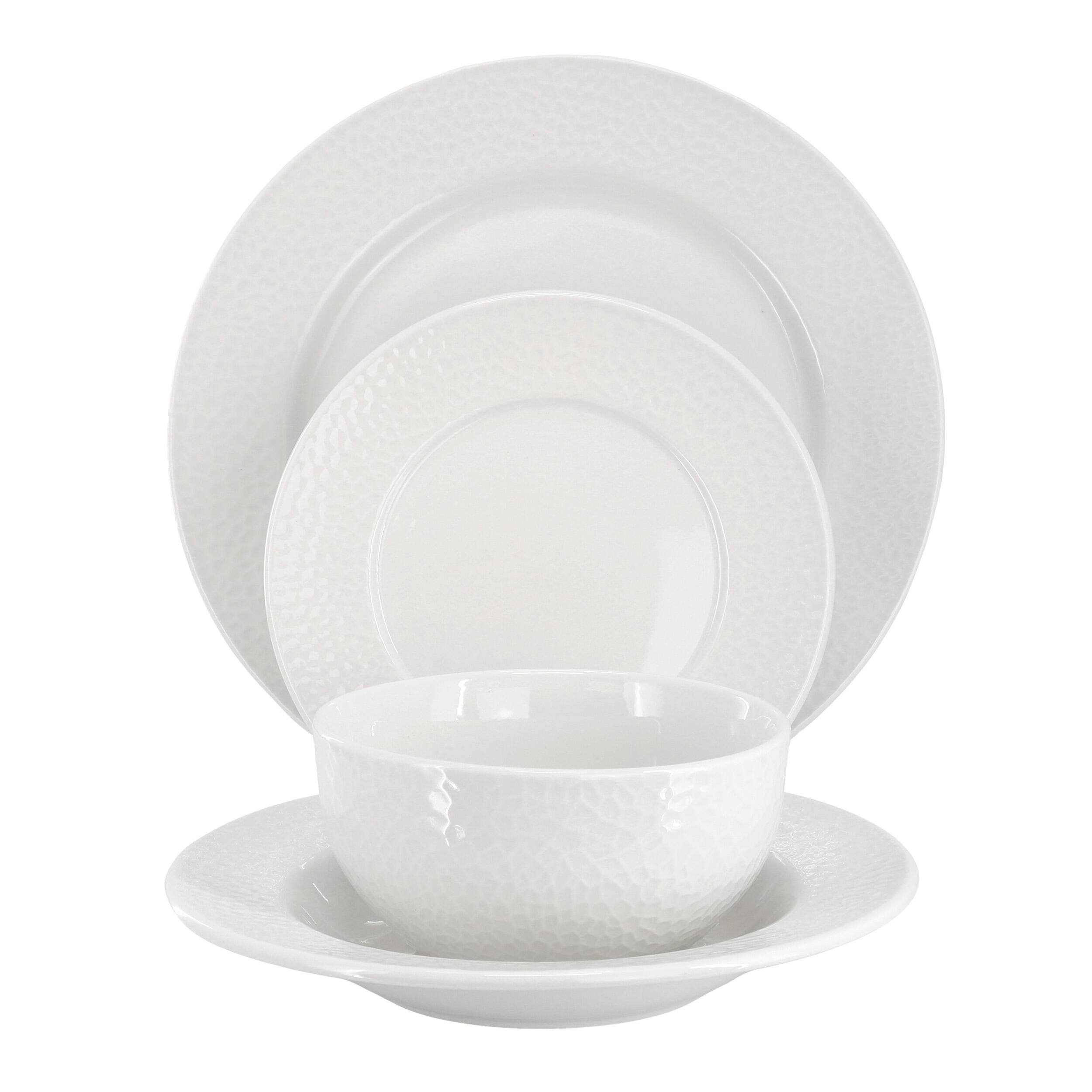 Alt View 1. Elama - Elama Soyer 16 Piece Textured Design Double Bowl Porcelain Dinnerware Set in White - White.