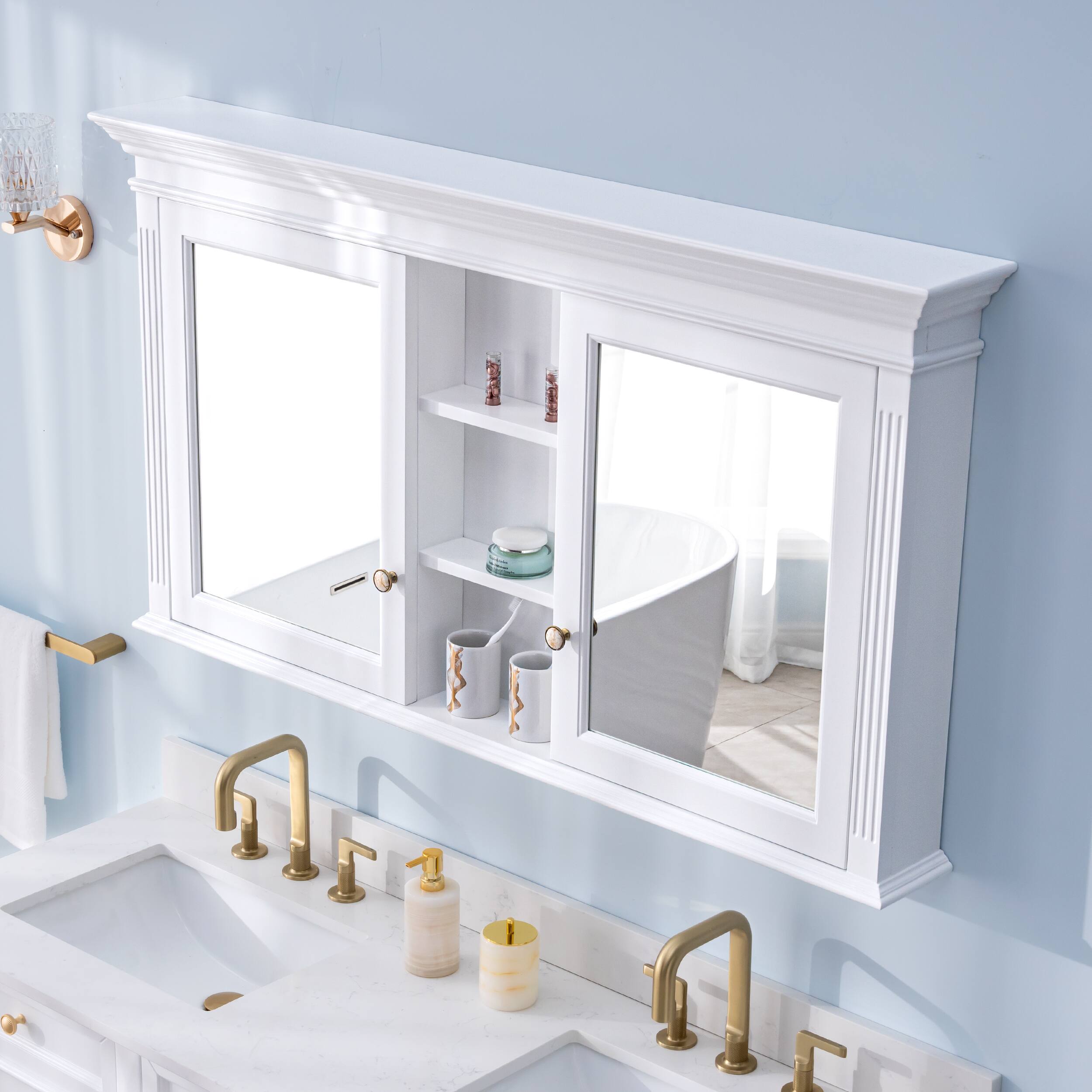 Back. WELLFOR - 55 in. W x 30 in. H Rectangular Wood Surface Mount Medicine Cabinet with Mirror and Shelves, 2 Soft Close Doors - White.