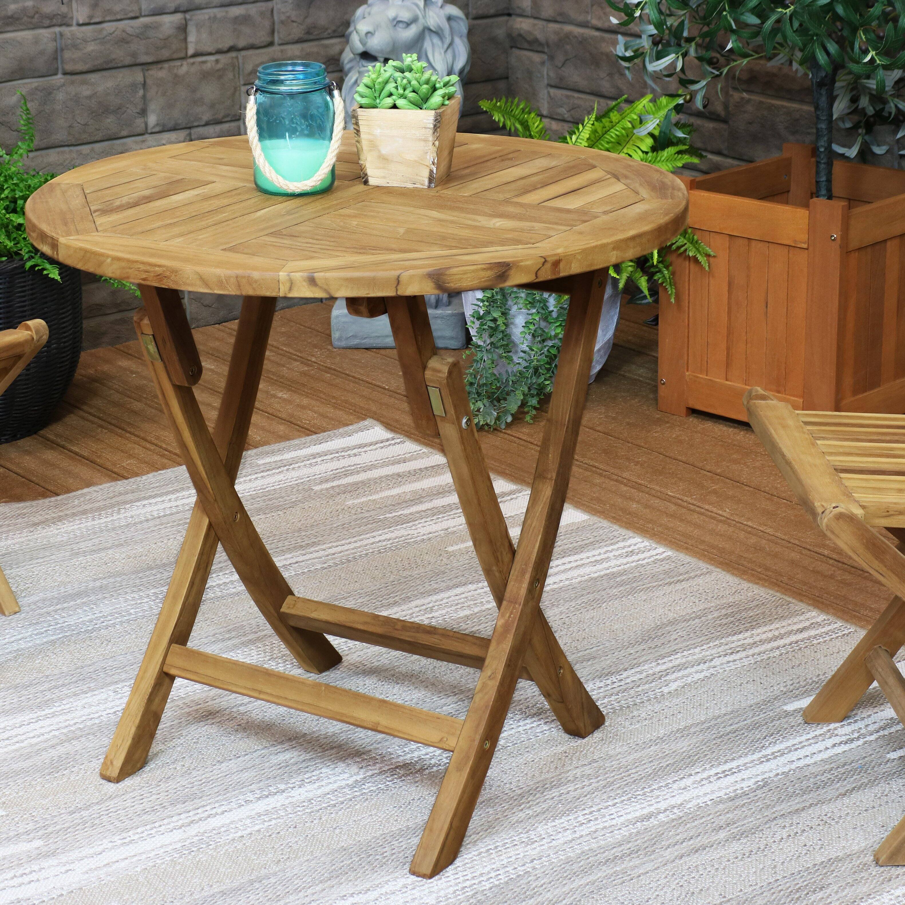 Alt View 4. Sunnydaze - 32 in Solid Teak Wood Folding Round Patio Dining Table - Light Brown.