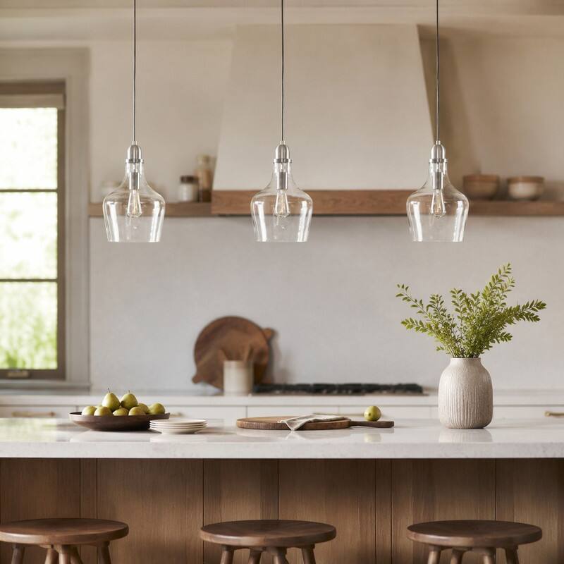 Back. RYHNUYNE - Vintage Clear Glass Pendant Light Fixture,Silver Hanging Ceiling Light for Kitchen Island Dining Room - Silver.
