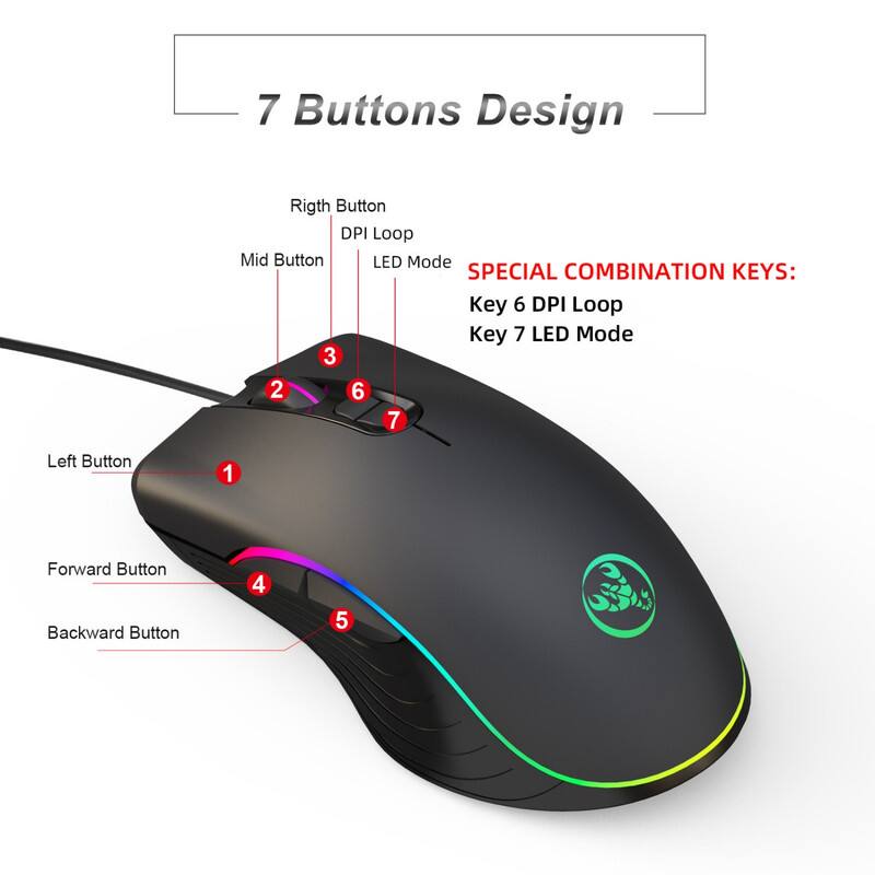 7 Buttons Design  
Right Button  
DPI Loop  
Mid Button  
LED Mode  

SPECIAL COMBINATION KEYS:  
Key 6 DPI Loop  
Key 7 LED Mode  

Left Button  
Forward Button  
Backward Button
