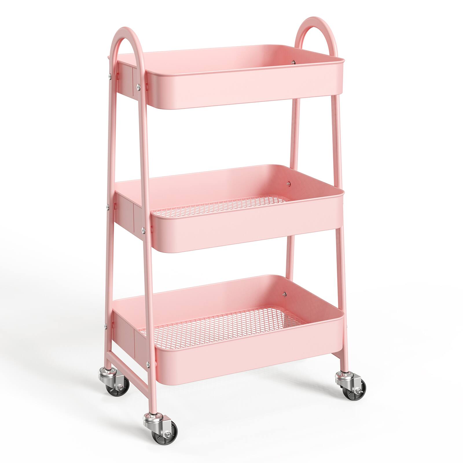 Front. AENKYO - 3 Tier Small Rolling Cart Storage Rack Kitchen Trolley with 2 Locking Wheels - Pink.