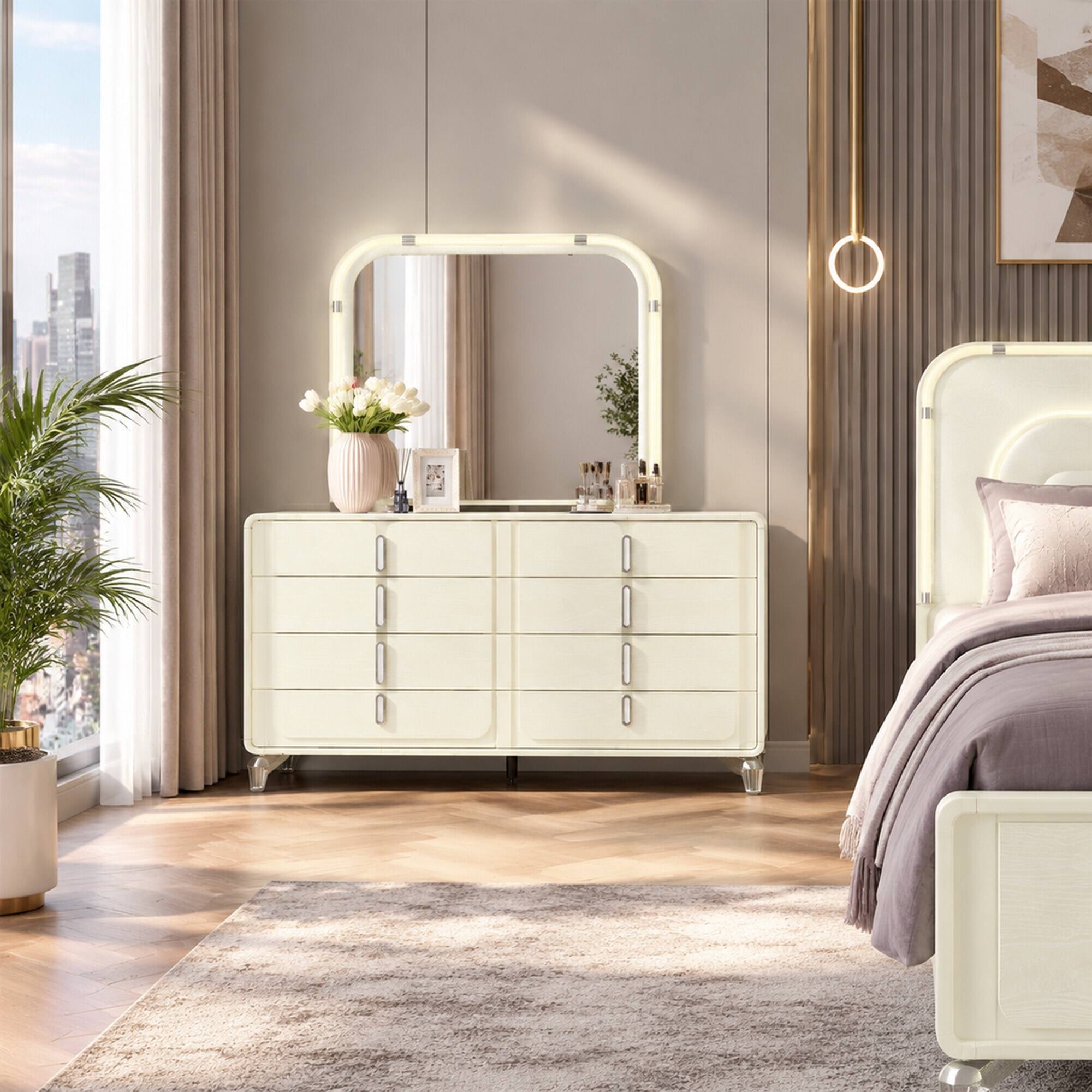 Back. RYHNUYNE - Beige LED Dresser Mirror, Large Rounded Edges, Impact Resistant Glass, Contemporary Bedroom Vanity - Beige.